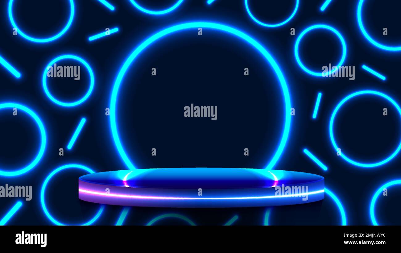 3D tecnologia realistica cyberpunk stile blu neon colori podio cilindro piattaforma galleggiante in aria con illuminazioni blu al neon cerchi geometri Illustrazione Vettoriale