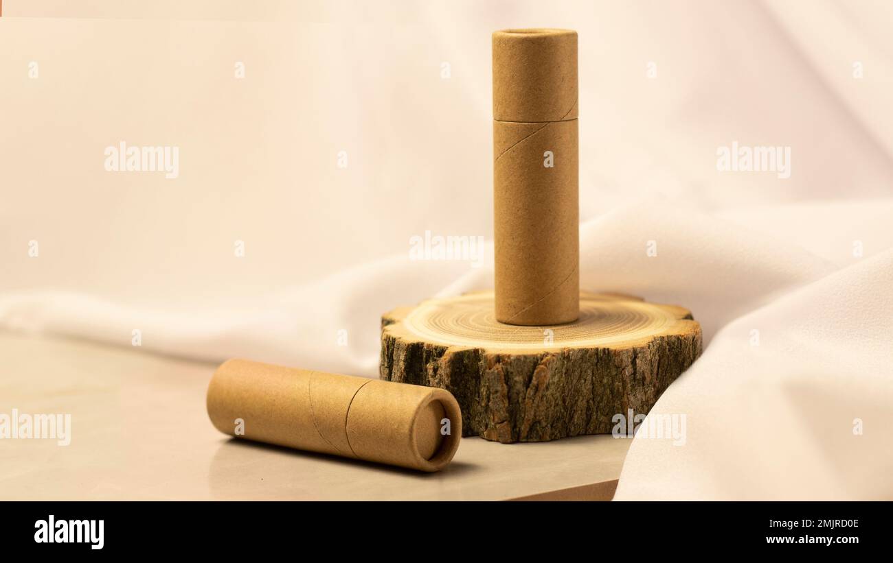 Imballaggio ecologico in carta con balsamo a labbro e spazio per il testo Foto Stock