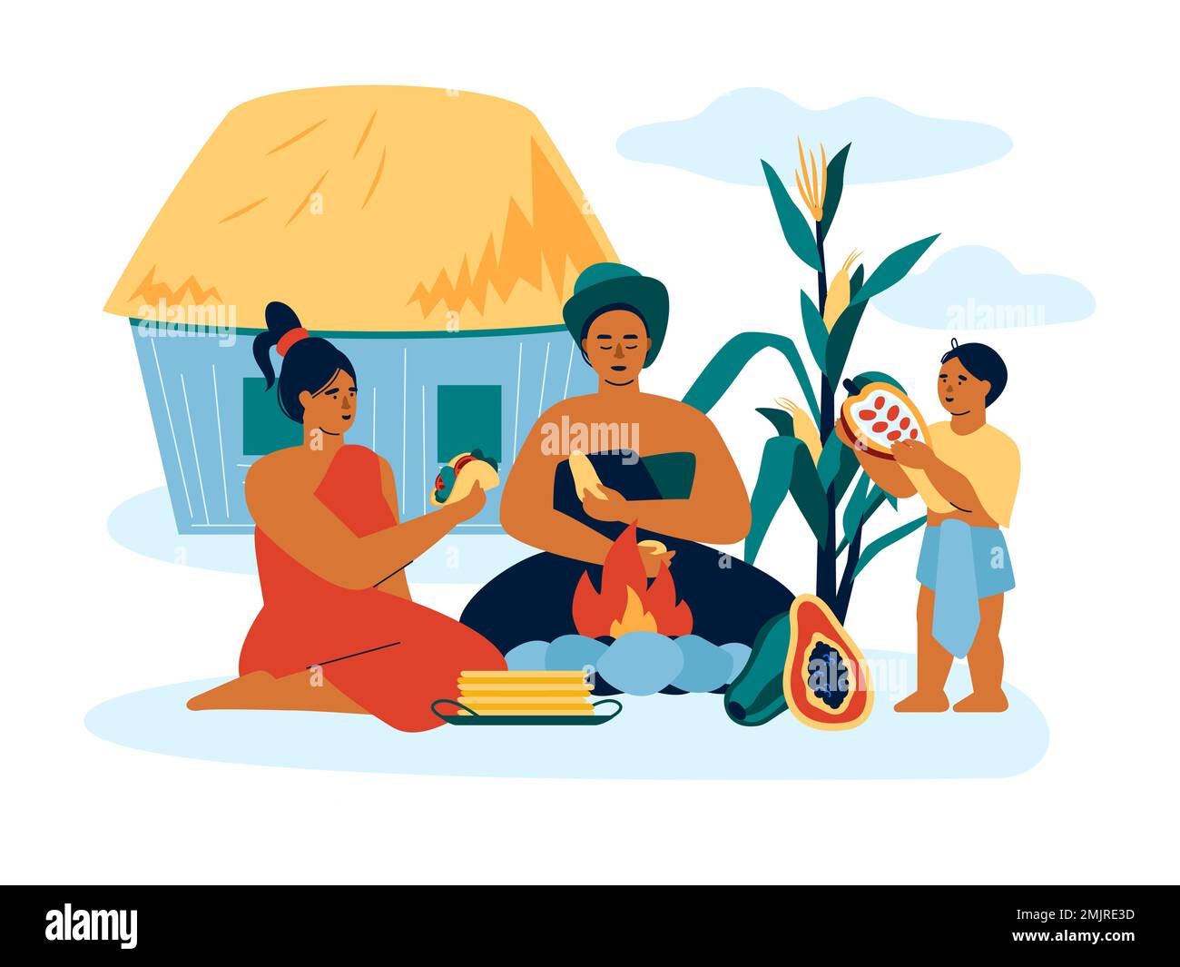 La famiglia mangia vicino al fuoco - illustrazione vettoriale colorata moderna Illustrazione Vettoriale