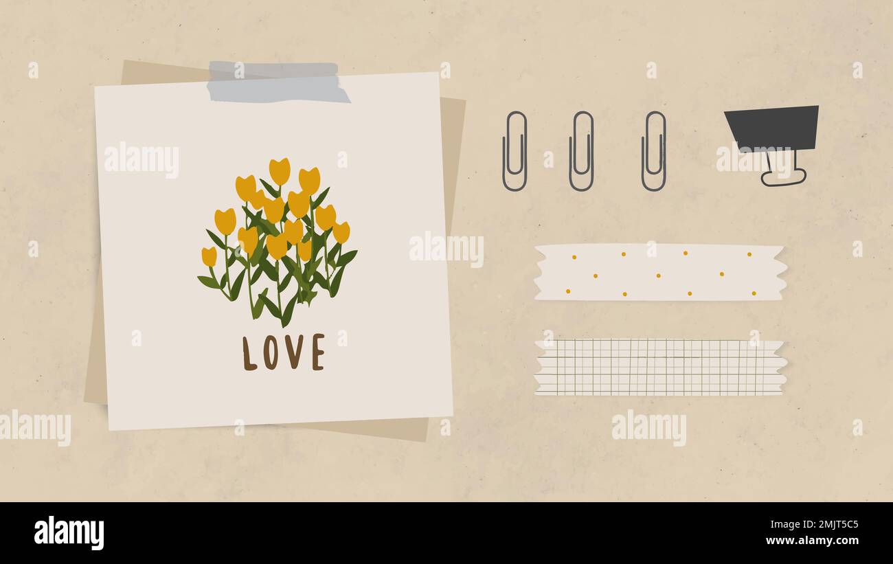 Love Word messaggio e fiori su carta notepaper con clip di carta, Binder clip e nastro washi su carta marrone chiaro textured sfondo vettore Illustrazione Vettoriale
