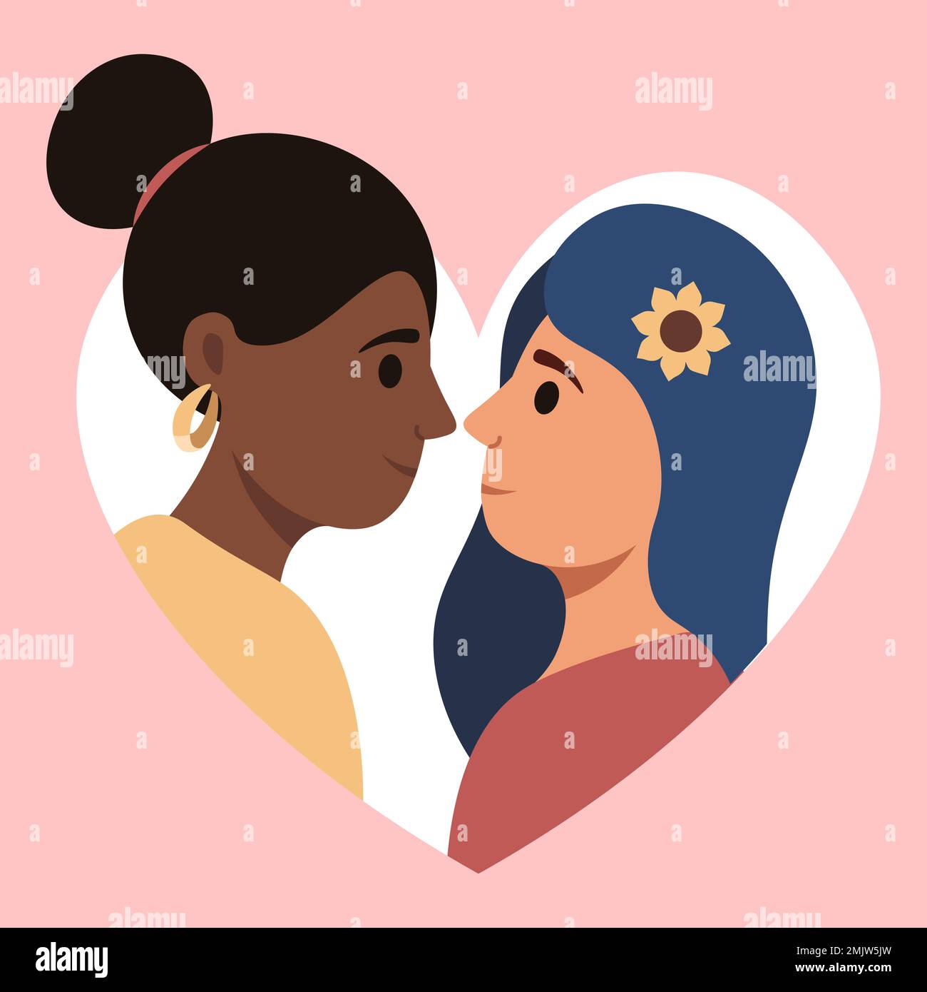 Multiculturale Girlfriends Ritratto con cuore. Illustrazione vettoriale di San Valentino in stile piatto Illustrazione Vettoriale