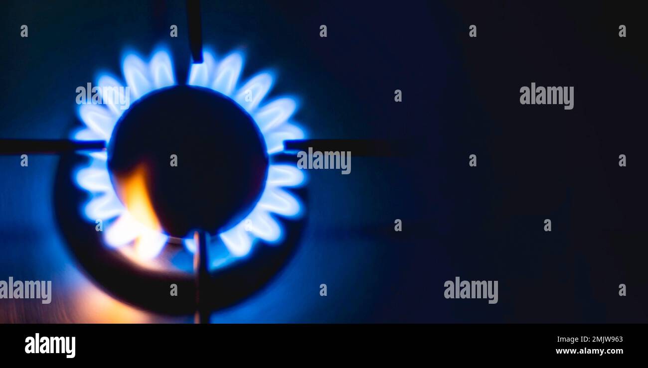 Fiamme blu di un gas in fornello a gas. Vista dall'alto sul fuoco sulla stufa al buio. Banner orizzontale con spazio di copia. Foto Stock