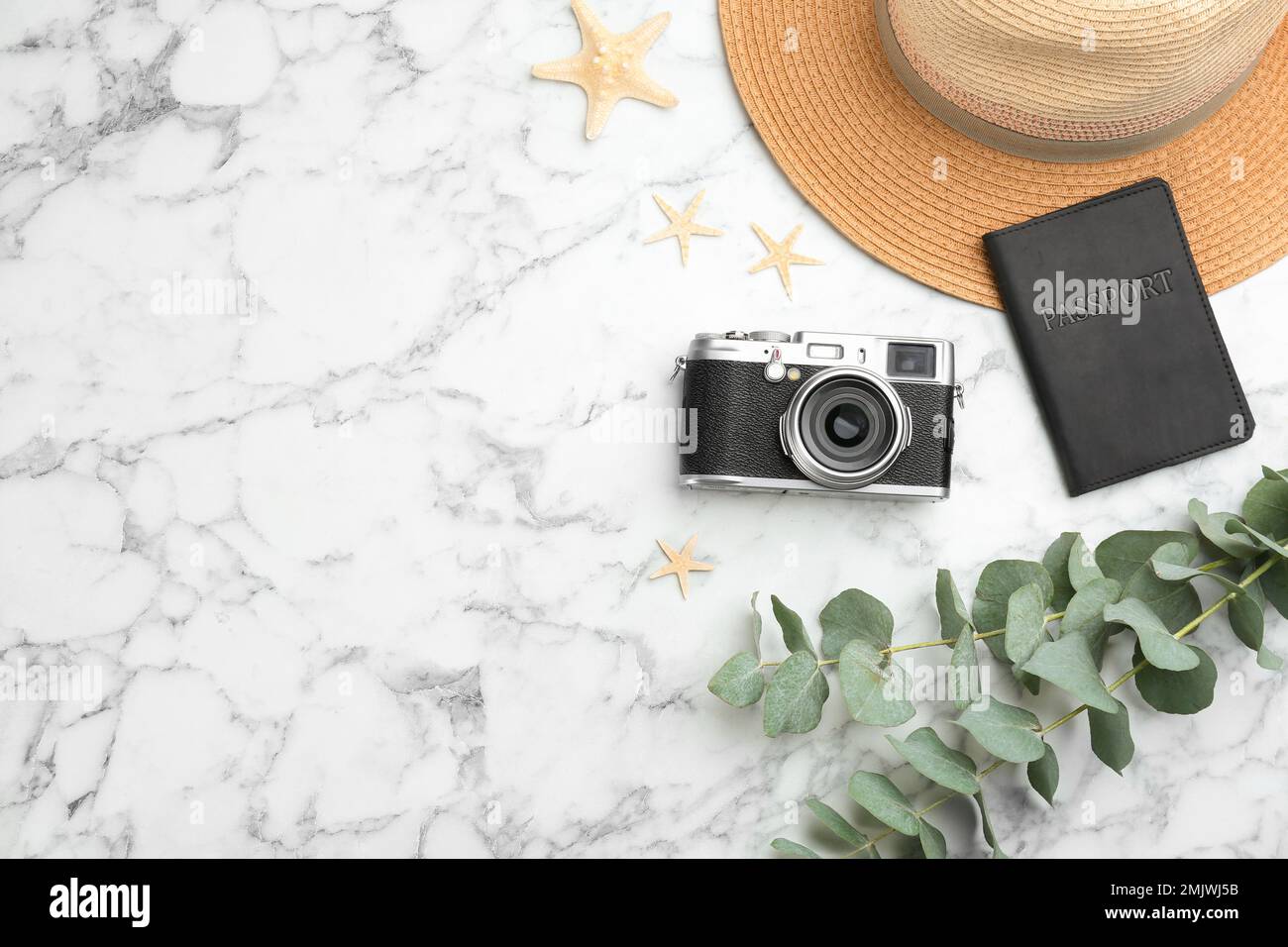 Composizione a posa piatta con fotocamera fotografo professionista, passaporto e spazio per testo su tavolo in marmo bianco Foto Stock