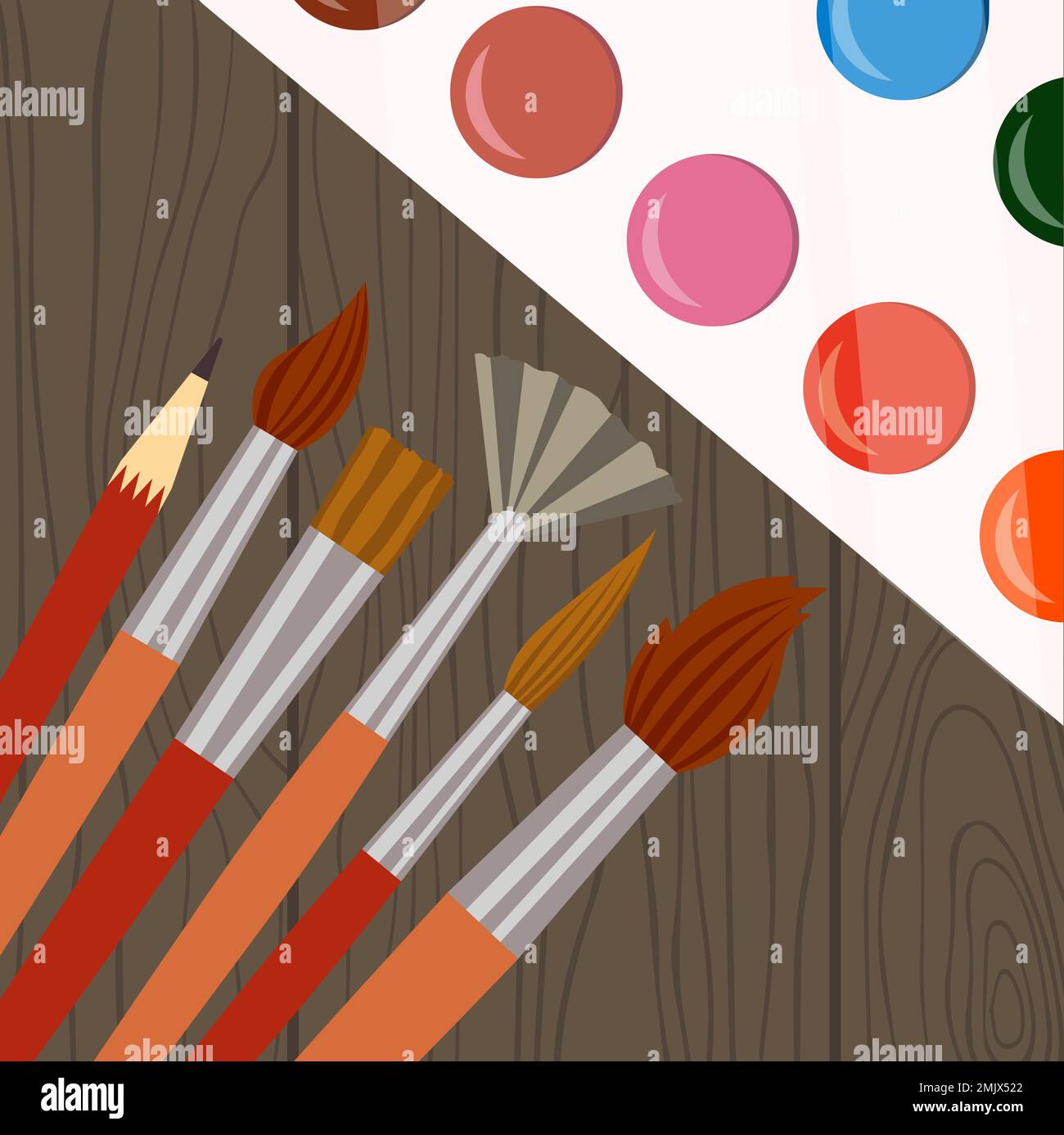 Acquerelli Strumenti di pittura. Pennelli, matita, Aquarelle per disegno Vector Illustration Flat Style Illustrazione Vettoriale