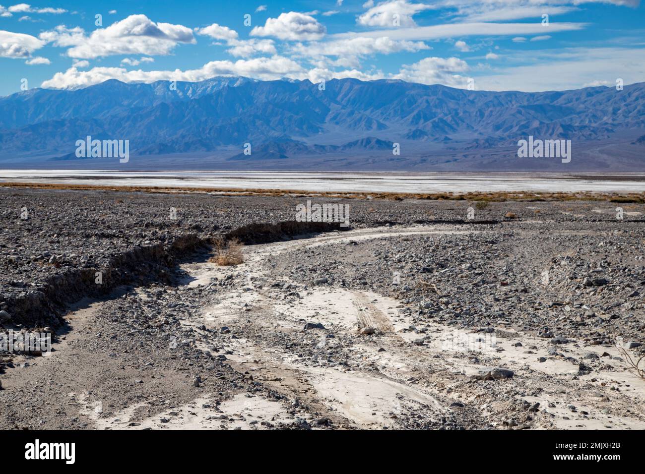 Paesaggio desertico che mostra caratteristiche erosionali a causa delle recenti inondazioni nel Death Valley National Park. Foto Stock