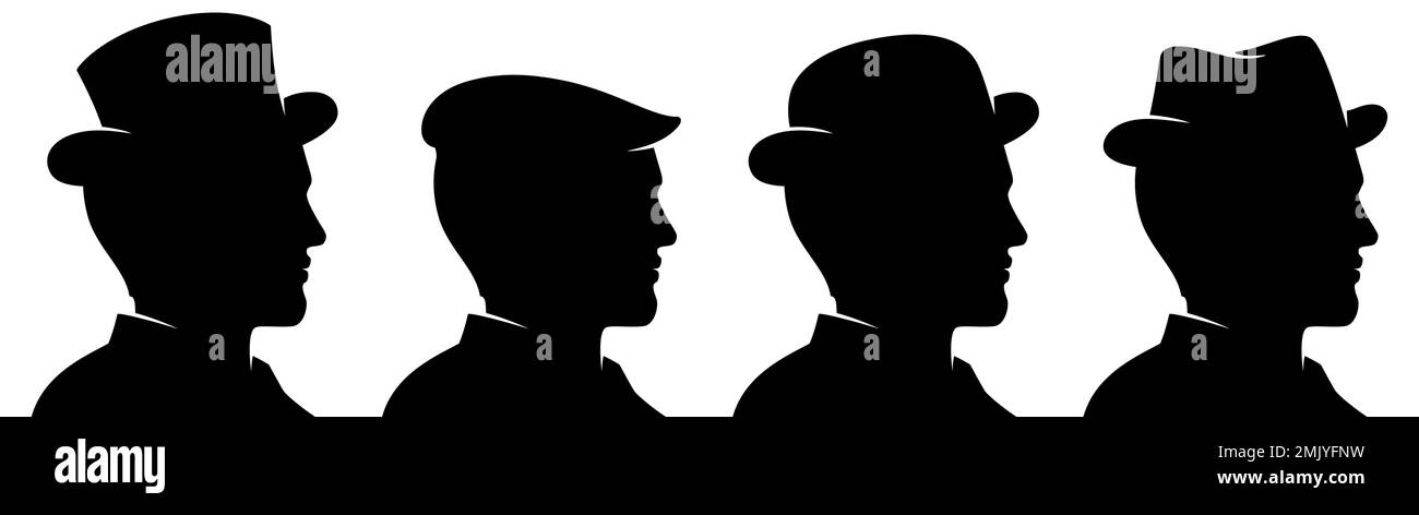 Classica silhouette uomo con cappelli di stile diverso, illustrazione vettoriale. Illustrazione Vettoriale