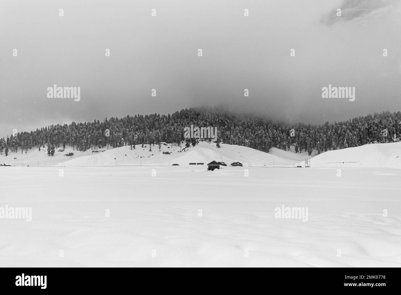 Bella vista di Gulmarg durante la stagione invernale circondato da montagne ghiacciate Himalaya ghiaccio e verde abete e pino nella foresta di Gulmarg. Foto Stock