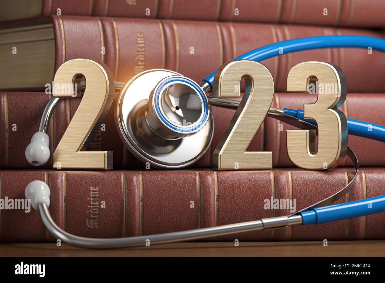2023 Felice anno nuovo per l'industria medica e farmaceutica. Numero 2023 con stetoscopio su libri di medicina d'epoca. illustrazione 3d Foto Stock