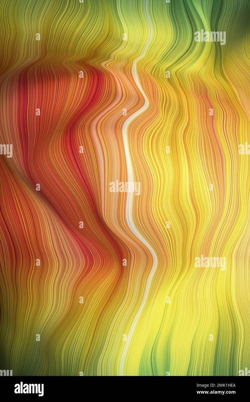 Sfondo a forma ondulata a righe e strutturato multicolore curvo nei toni dell'arancione e del verde. Foto Stock