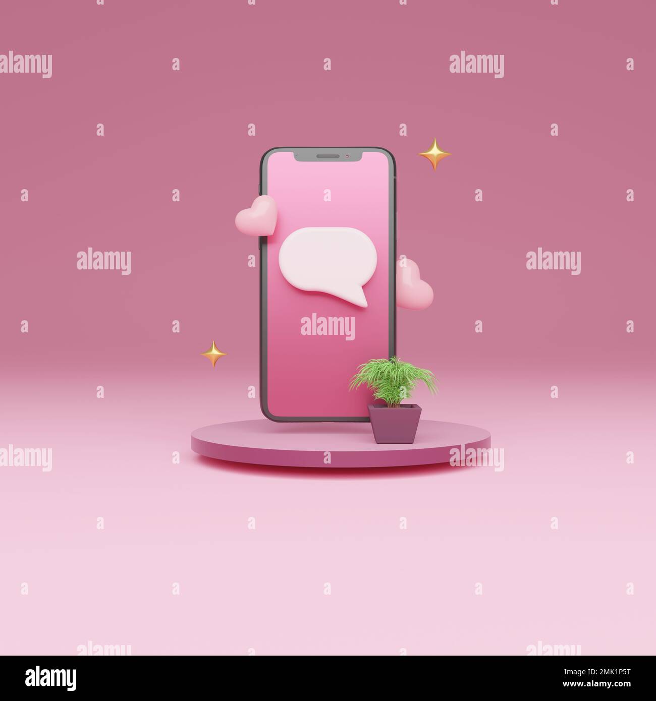 Smartphone 3D con illustrazione del messaggio d'amore sulle bolle di chat Foto Stock
