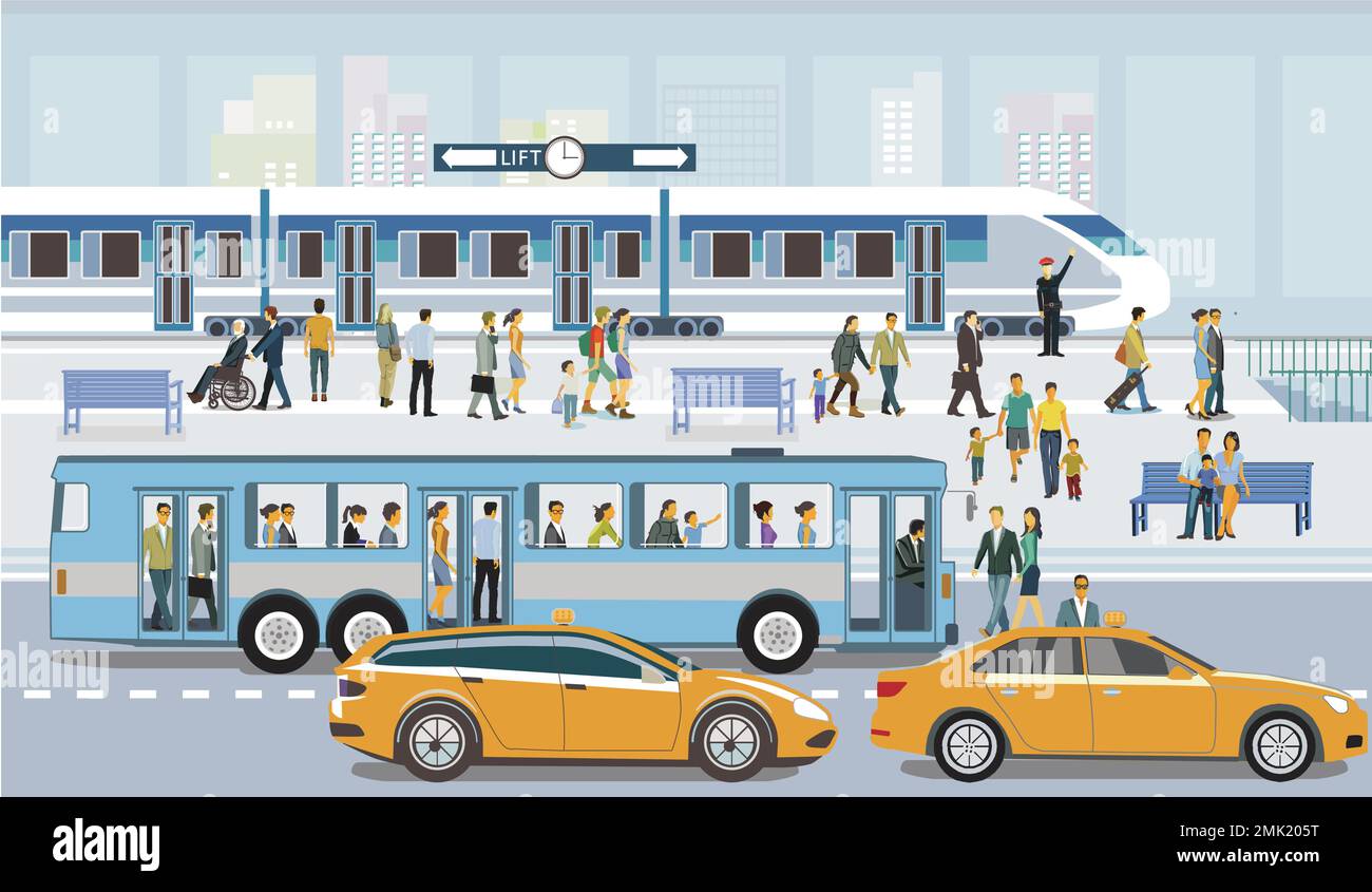 Fermata dell'autobus con stazione ferroviaria e treno veloce con illustrazione dei passeggeri Illustrazione Vettoriale