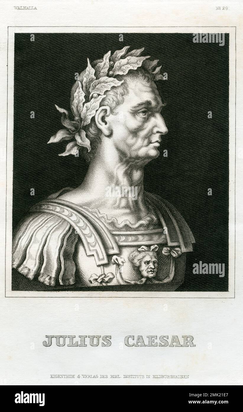 Europa, Italien, Rom, Gaius Julius Cäsar, Römischer Politiker, Stahlstich, um 1860, Stammt aus einem Buch , Verlag des Bibl. Instituts Hildburghausen / Europa, Italia, Roma , Giulio Cesare, statista romana, Incisione in acciaio, intorno al 1860 , immagine di un libro , casa editrice : Bibl. Institut Hildburghausen . Foto Stock