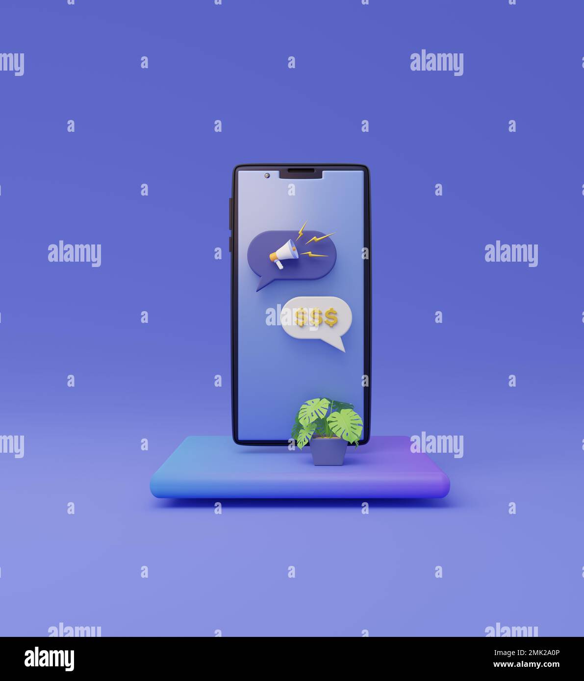 Concetto di marketing con bolle di chat sullo smartphone di rendering 3D Foto Stock