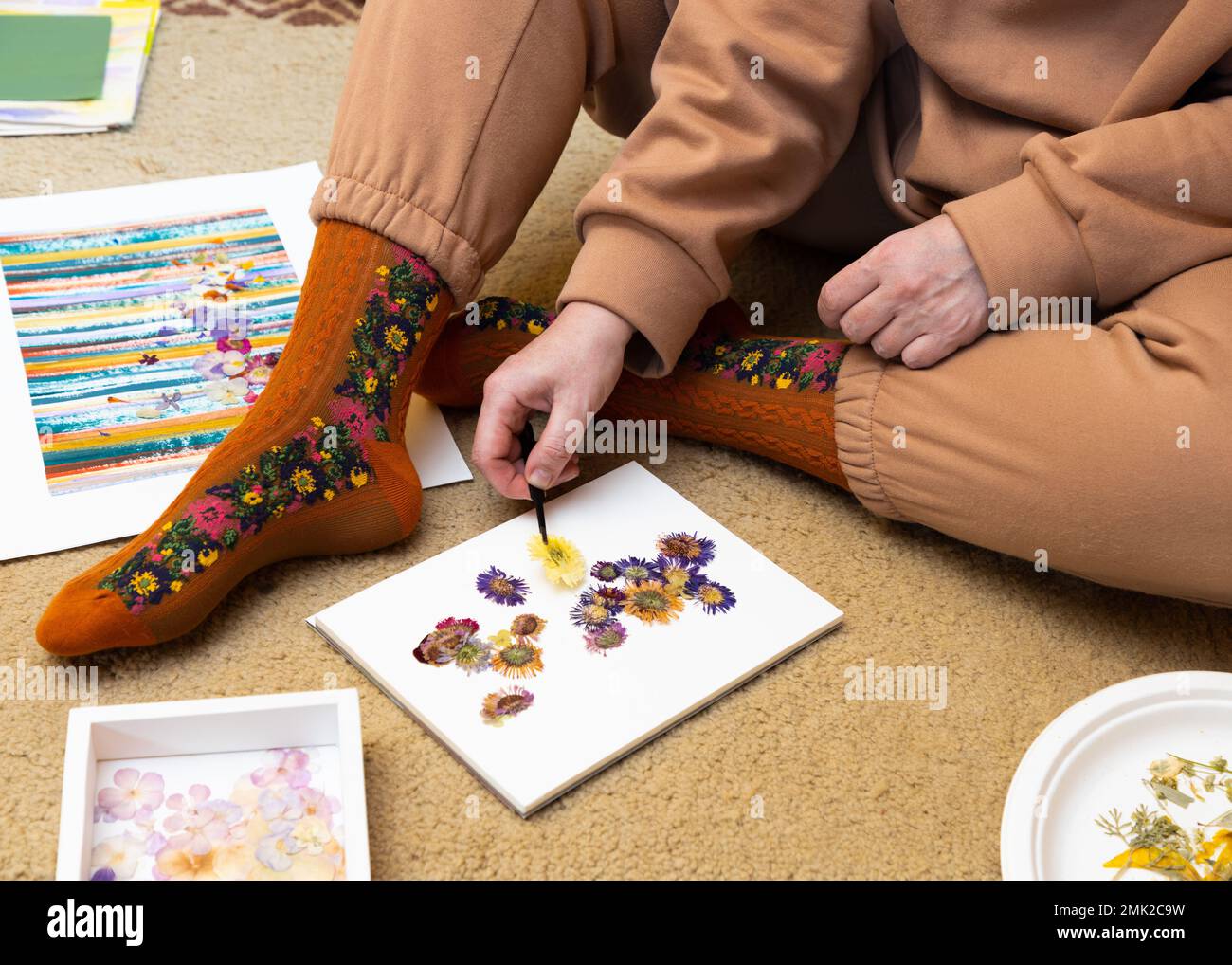 Una donna di mezza età si siede su un tappeto e sceglie i fiori pressati per le opere d'arte. Hobby per rilassarsi e godersi la vita. Foto Stock
