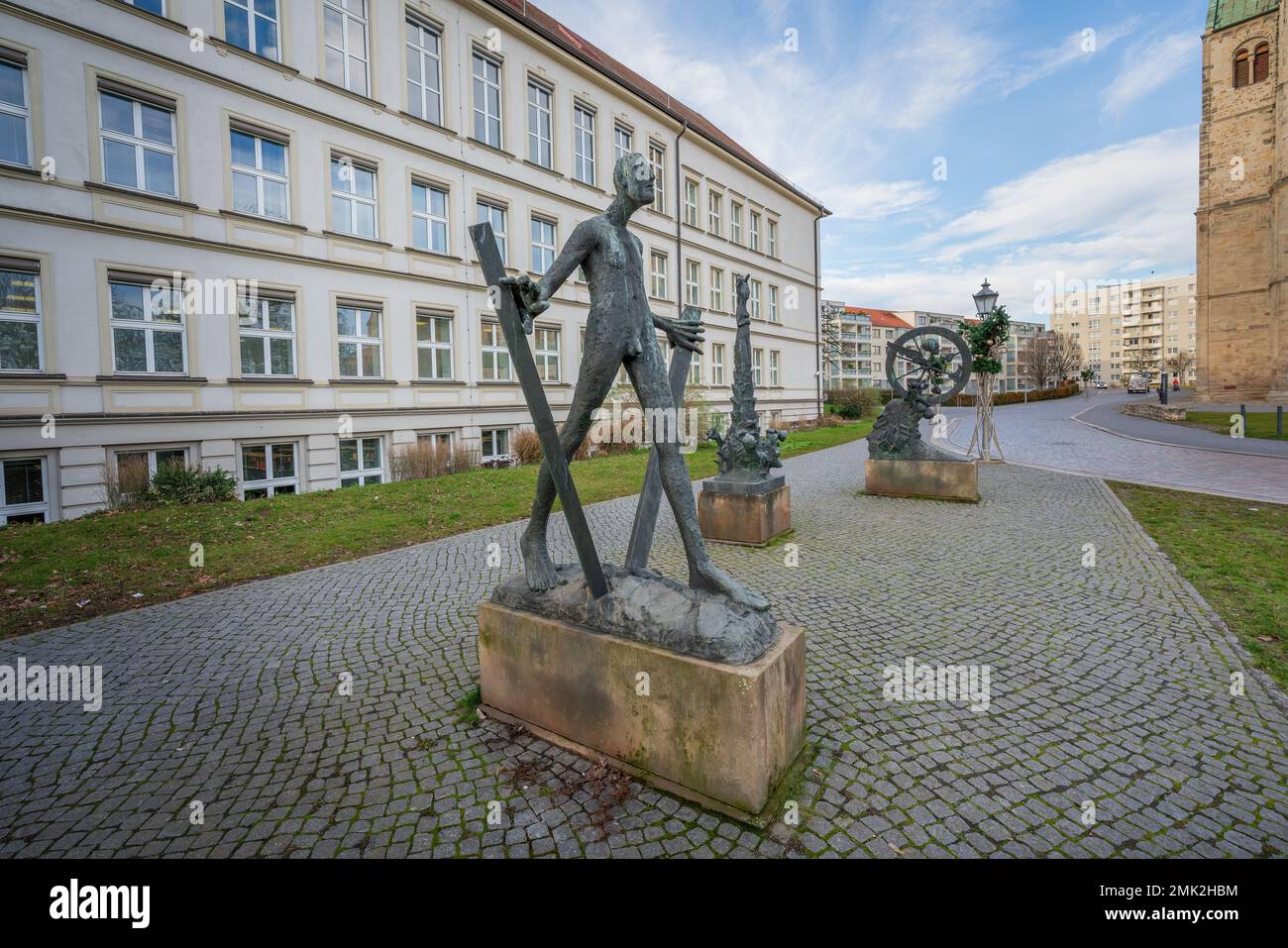 Spazio tempo materia (Raum Zeit Materie) Gruppo di sculture di Heinrich Apel, 1988 - Magdeburgo, Sassonia-Anhalt, Germania Foto Stock