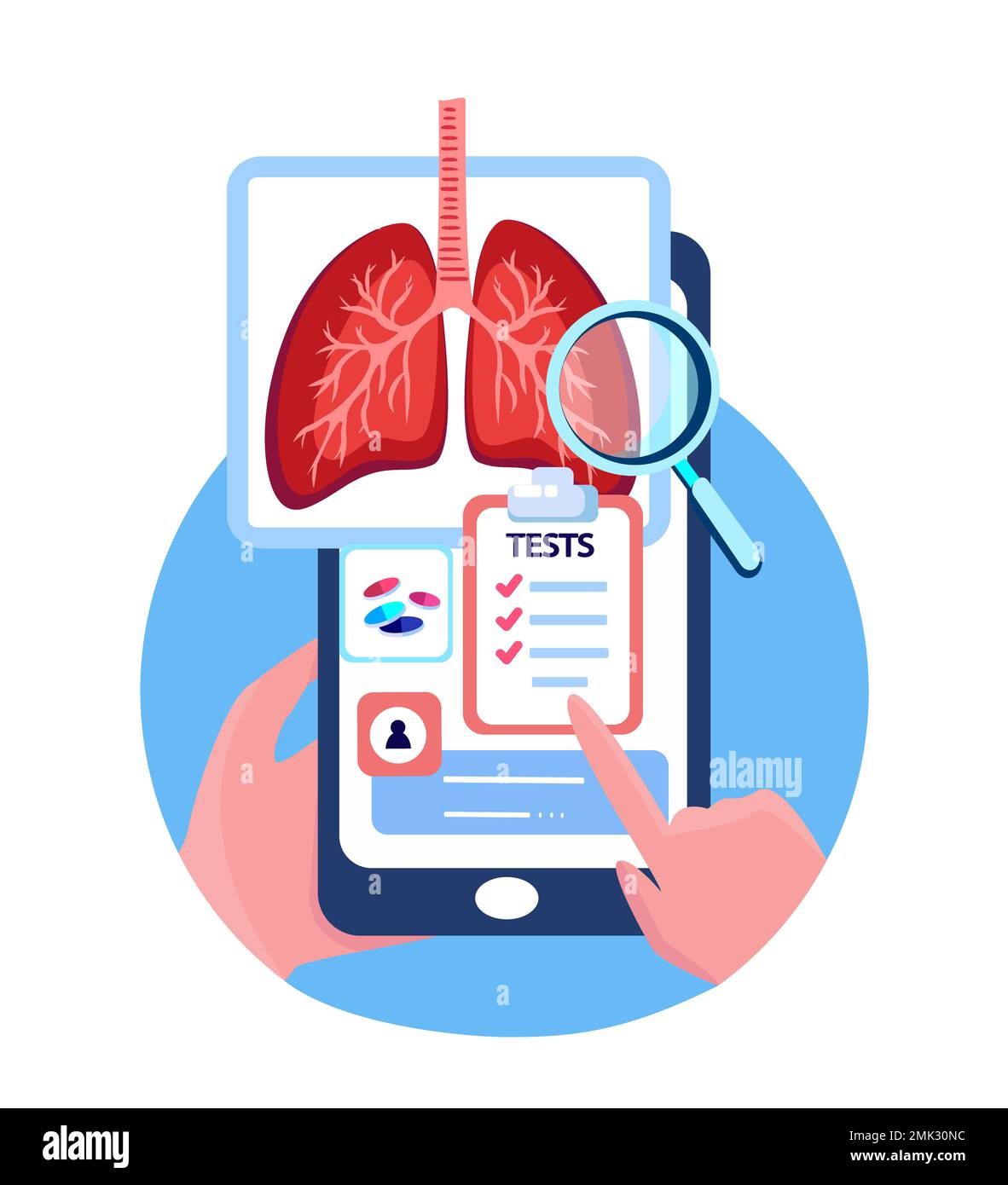 Touch screen online Pulmonology Hospital.Lungs,trachea,bronchi curing Mobile Application.COVID,polmonite smartphone Test.Consultation,Internet medico Foto Stock