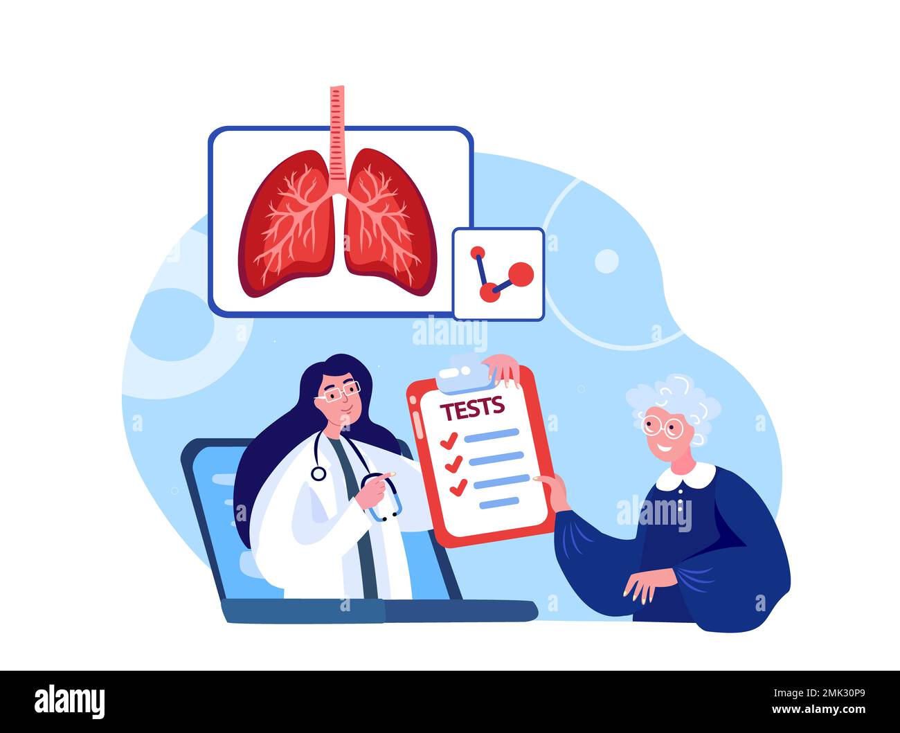 Online Pulmonologist Virologist medico Consultato Vecchio pensionato paziente donna in notebook. Internet diagnosi polmoni,trachea,bronchi COVID,polmonite.Inter Foto Stock