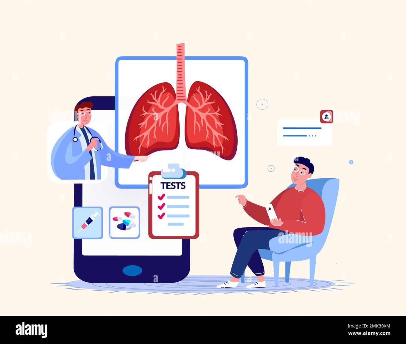 Online Pulmonologist Virologist medico Consultate Patient.Diagnosing polmoni, trachea, bronchi COVID, polmonite. Ultrasuoni, Test di risonanza magnetica.Inter Foto Stock