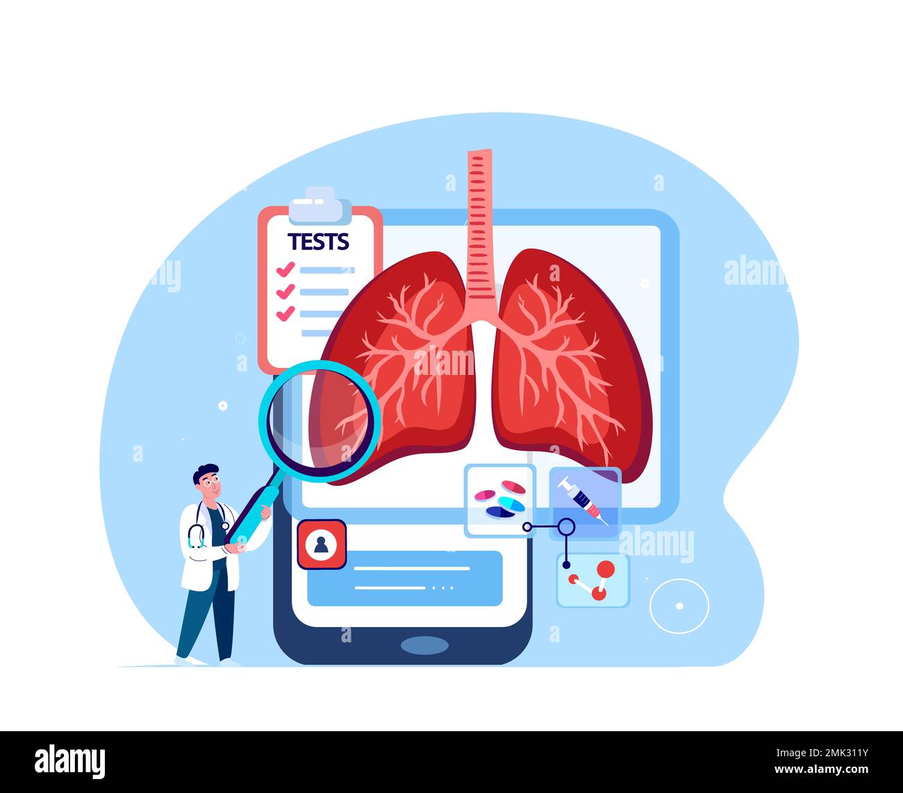 Medico in linea Pulmonologist Researcher che cura i polmoni, trachea, bronchi.Analyze sistema respiratorio. Diagnostica Mobile App.Clinic smartphone Medical Hosp Foto Stock