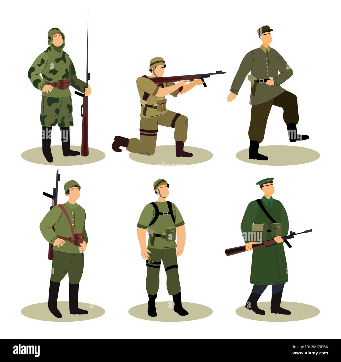 Raccolta di vari soldati militari o personale esercito vestito in camouflage unial.Set di soldati, agente di servizio segreto, combattimento, serdeante, CA Foto Stock