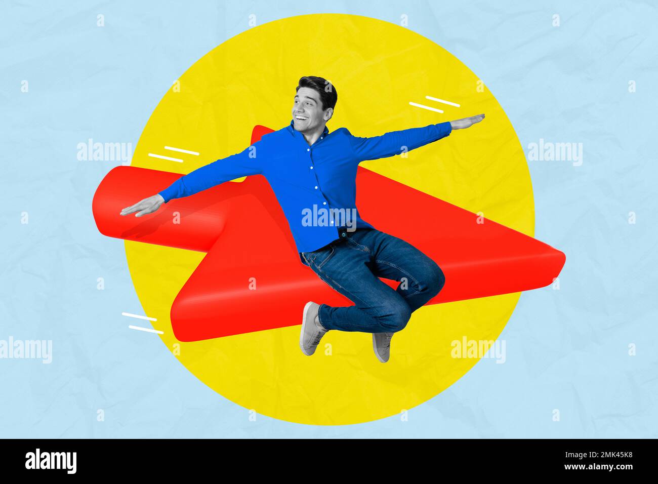 Collage foto di giovane uomo divertente mani aereo uccello ali freccia direzione corretta modo sognare imprenditore business isolato su sfondo disegno Foto Stock