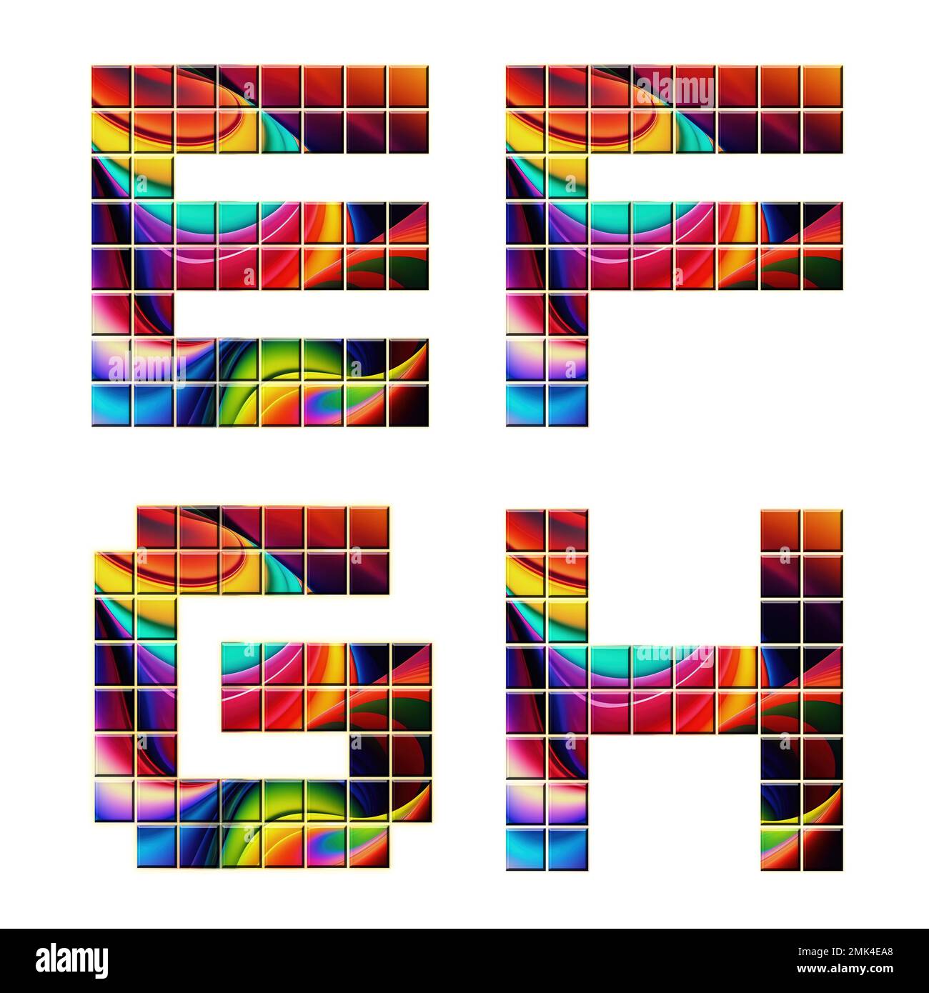 3D rendering di caratteri a mosaico colorati alfabeto - lettere e-H Foto Stock