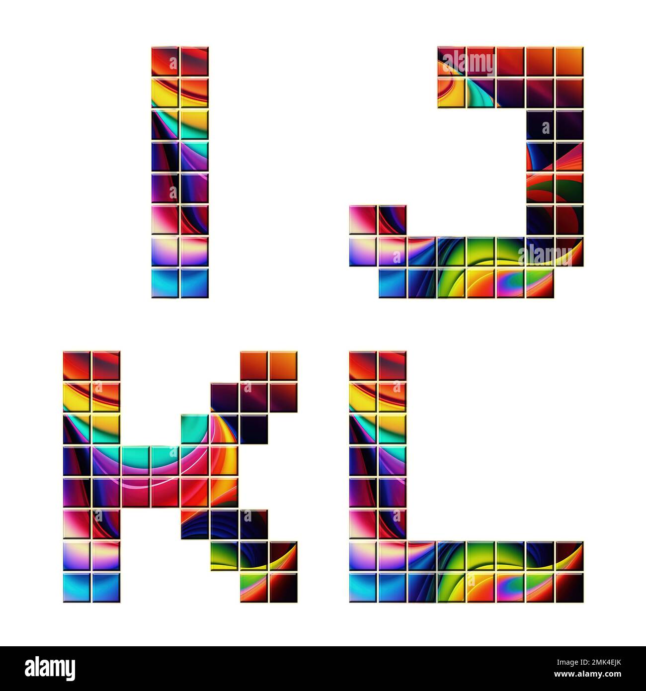 3D rendering di caratteri alfabetici a mosaico colorati - lettere i-L. Foto Stock