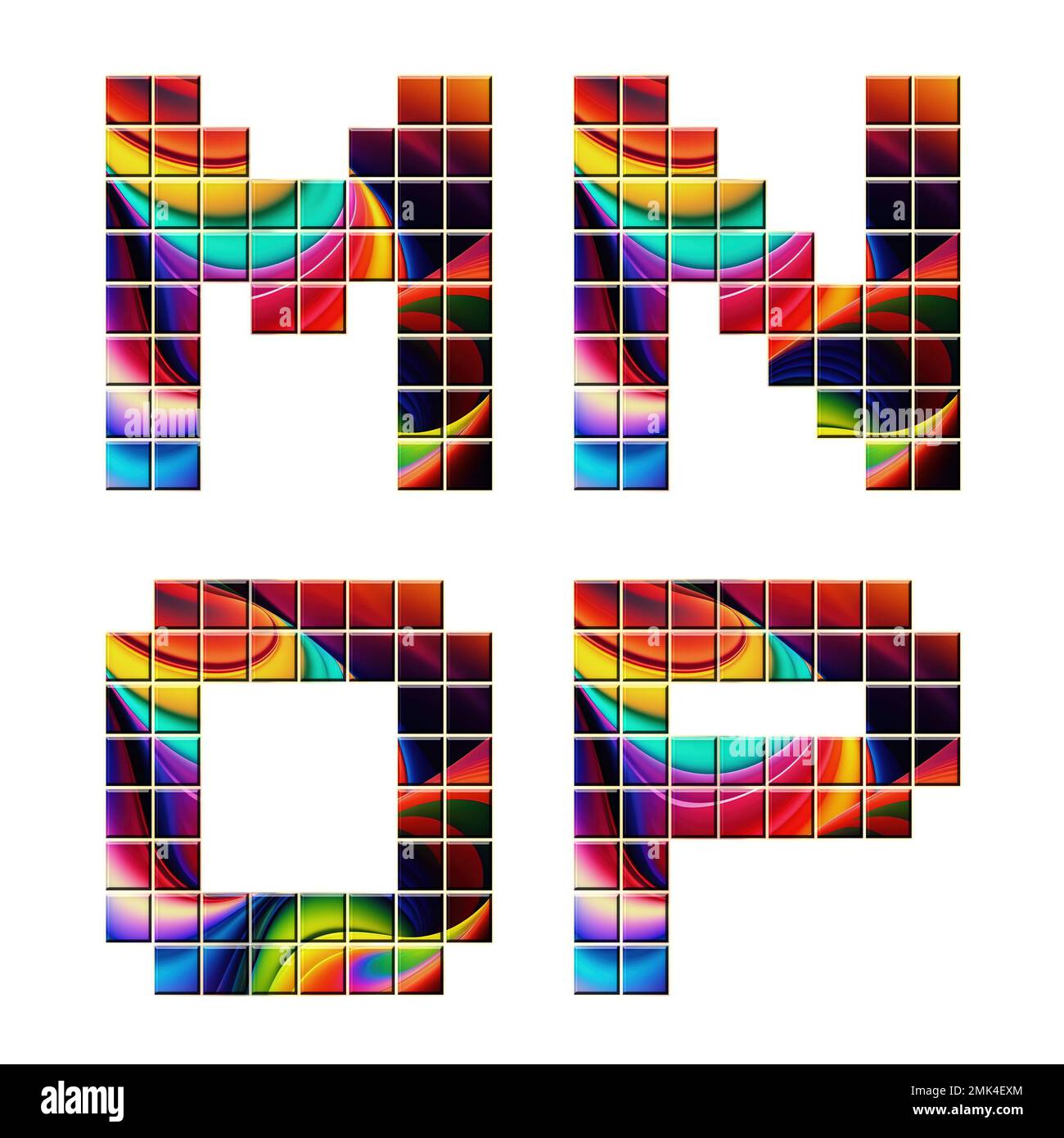 3D rendering di caratteri alfabetici a mosaico colorati - lettere M-P. Foto Stock