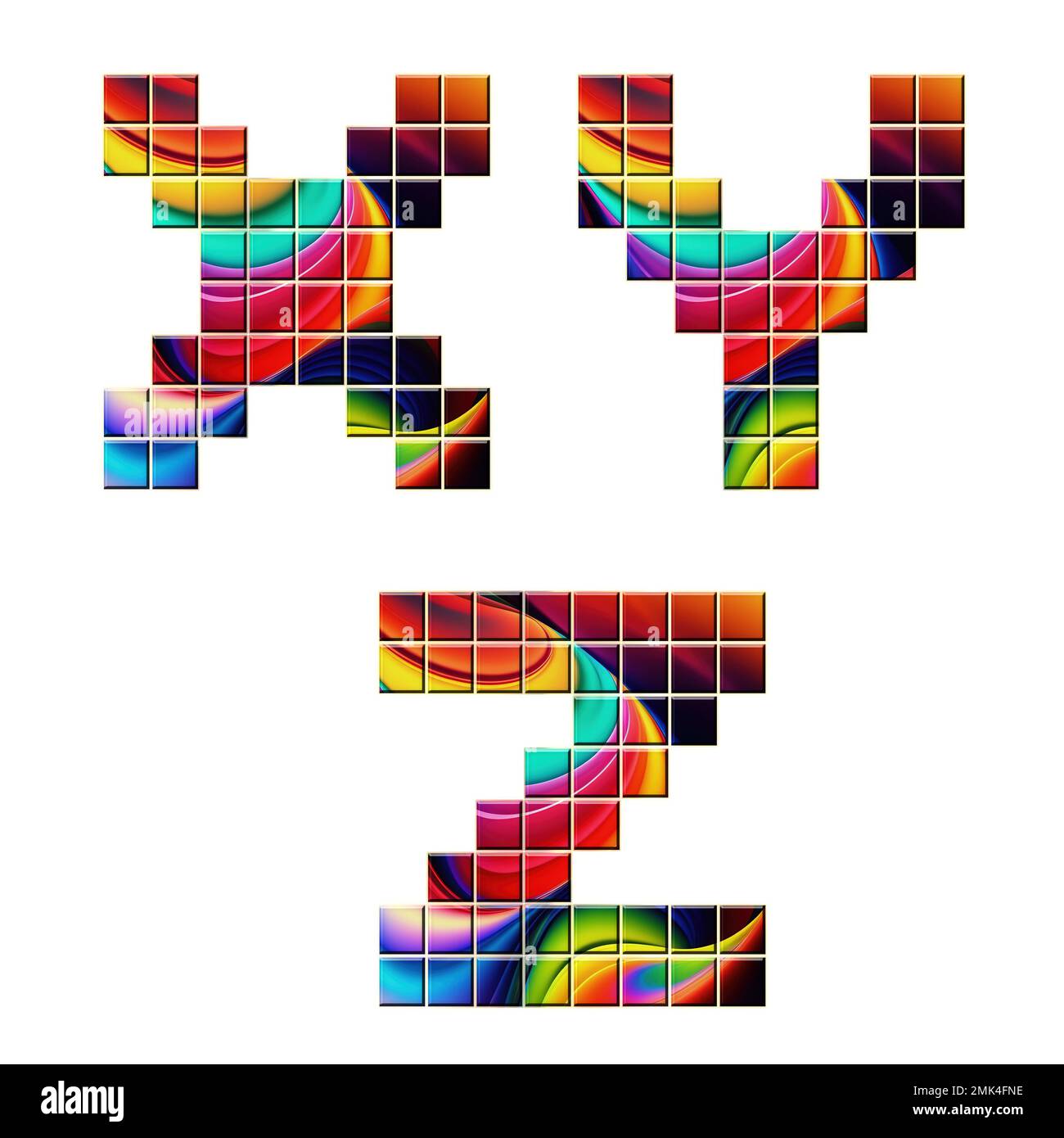 3D rendering dell'alfabeto colorato del carattere del mosaico - lettere X-Z Foto Stock