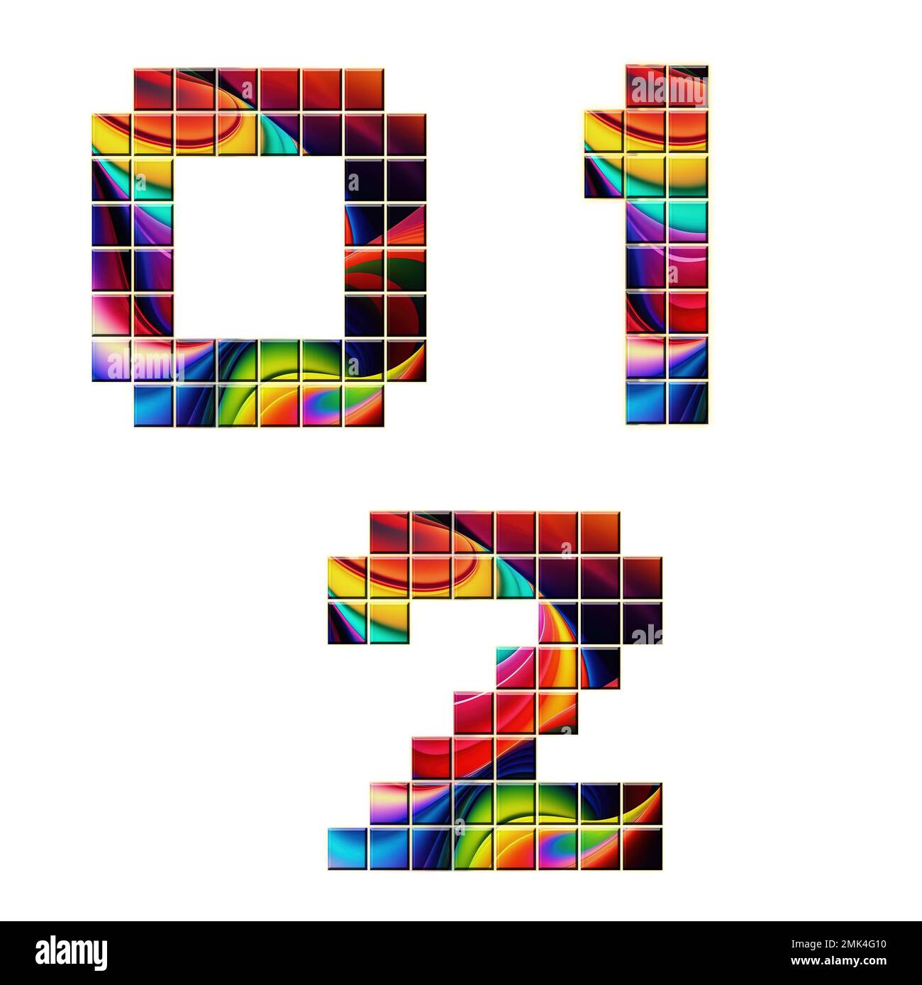 3D rendering di caratteri a mosaico colorati alfabeto - cifre 0-2 Foto Stock
