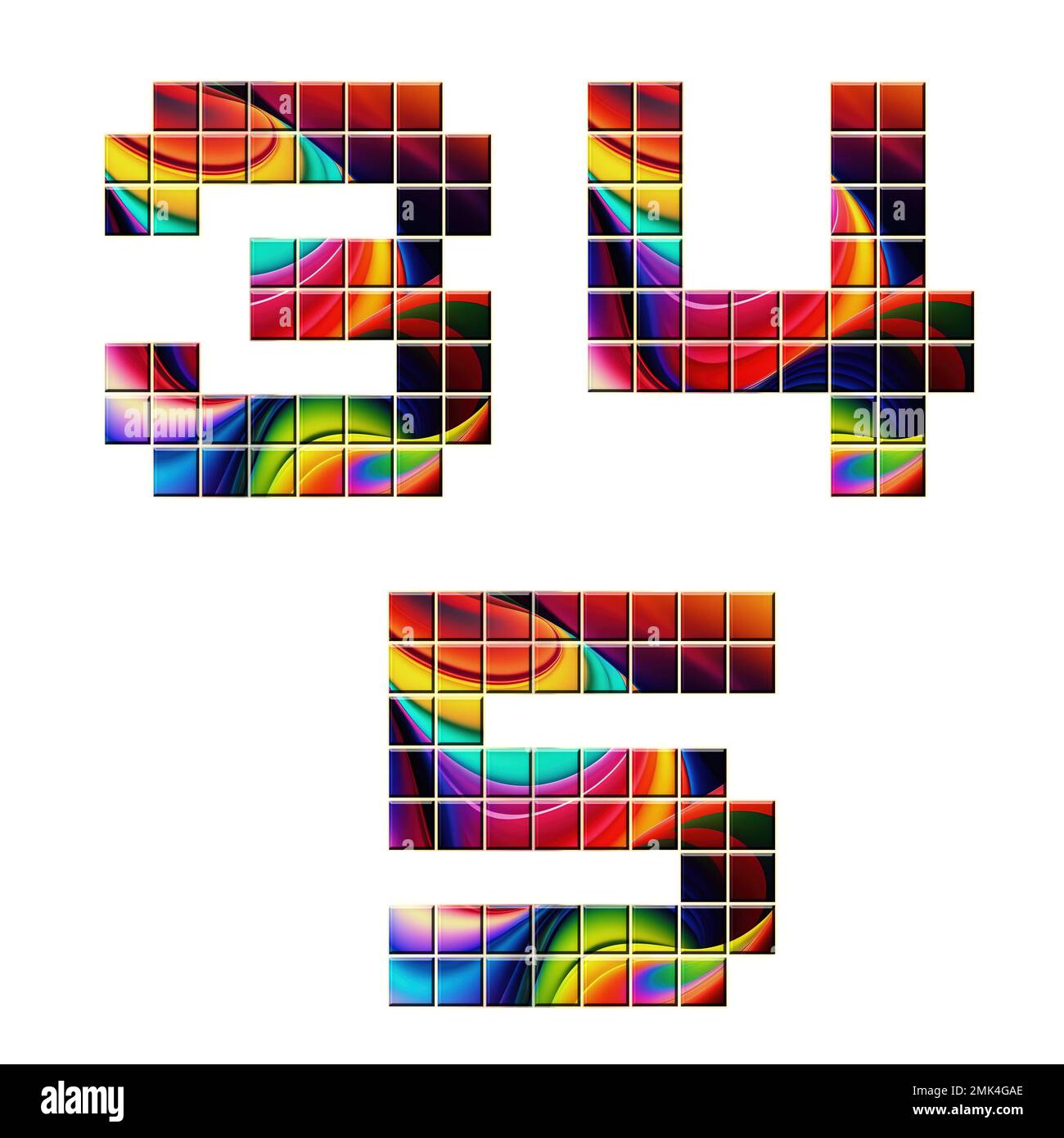 3D rendering di caratteri a mosaico colorati alfabeto - cifre 3-5 Foto Stock