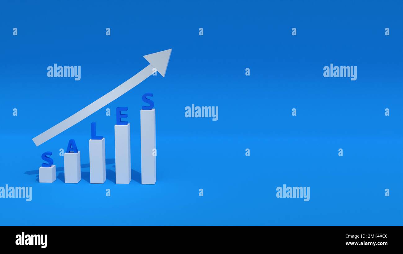 analisi delle previsioni di vendita 3d sfondo blu, obiettivo di crescita delle vendite isolato 3d rendering illustrazione Foto Stock