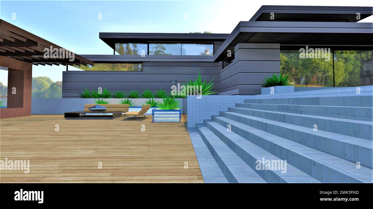 Eleganti scale con gradini in cemento nella zona relax nel cortile dell'elegante dimora con terrazze ecocompatibili come copertura del pavimento. rendering 3d. Foto Stock