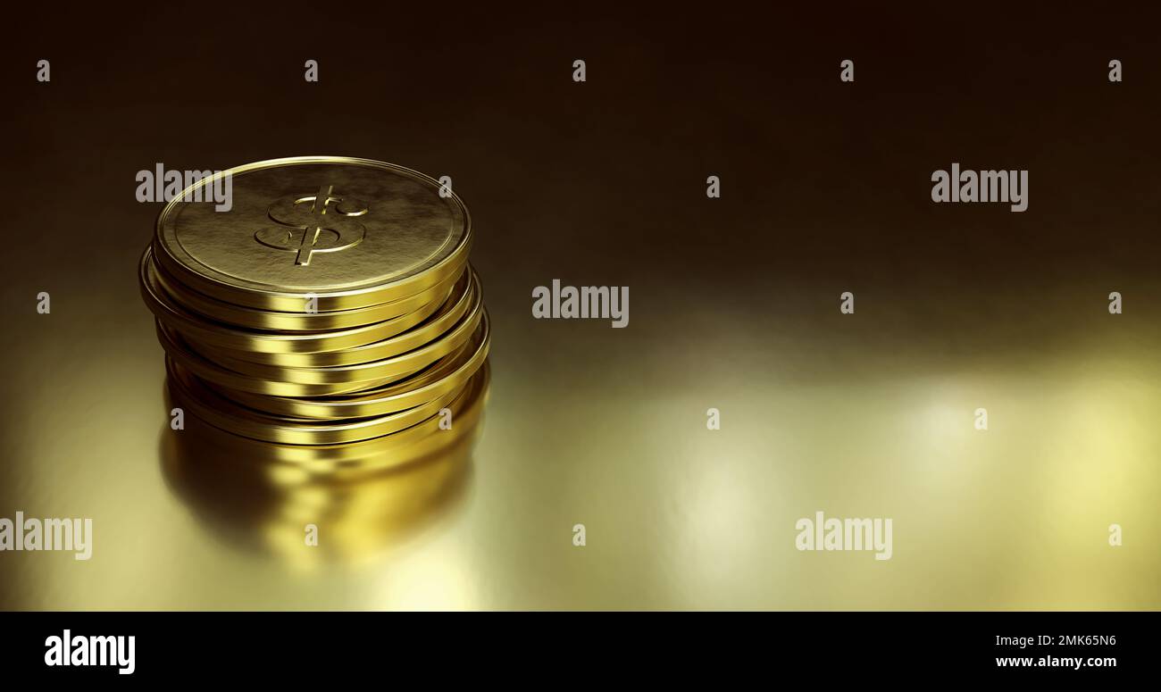Monete d'oro impilate su sfondo dorato. 3D rendering dell'immagine con spazio di copia. Foto Stock