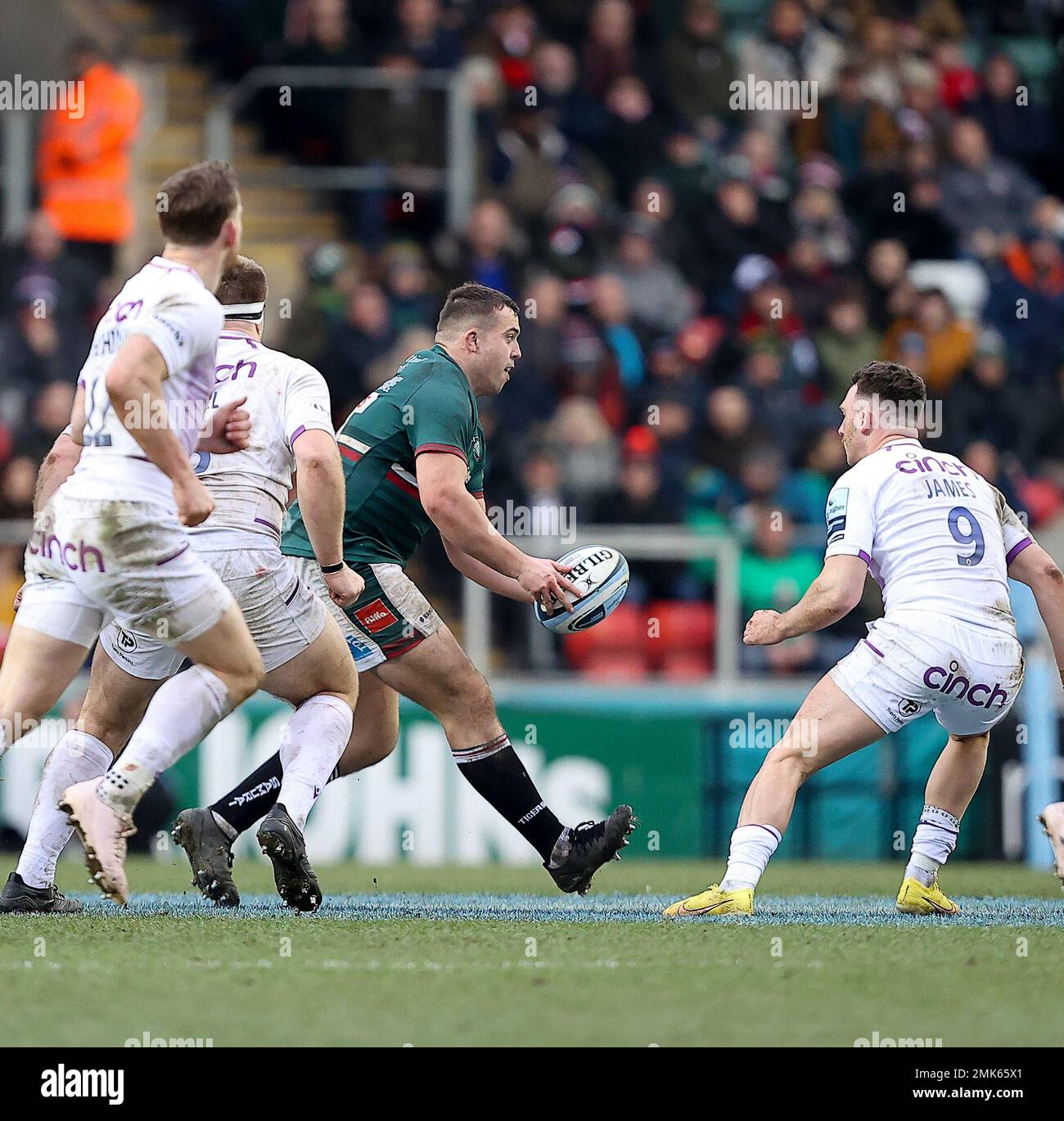 28.01.2023 Leicester, Inghilterra. Rugby Union. Durante il round 16 della Gallagher Premiership si è giocato tra Leicester Tigers e Northampton Saints al Mattioli Woods Welford Road Stadium, Leicester. © Phil Hutchinson Foto Stock