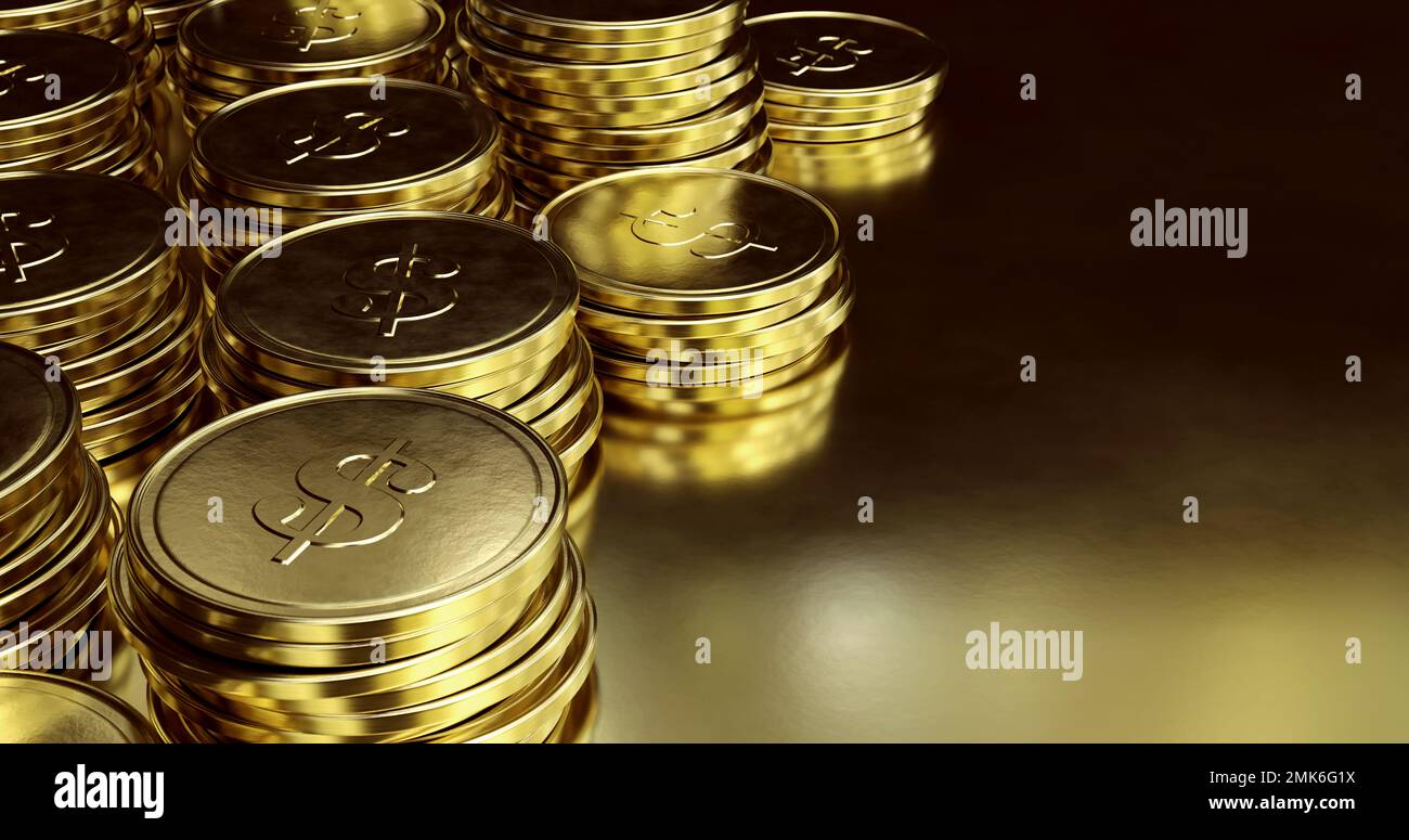 Molte monete d'oro impilate su fondo dorato. 3D rendering dell'immagine con spazio di copia. Foto Stock