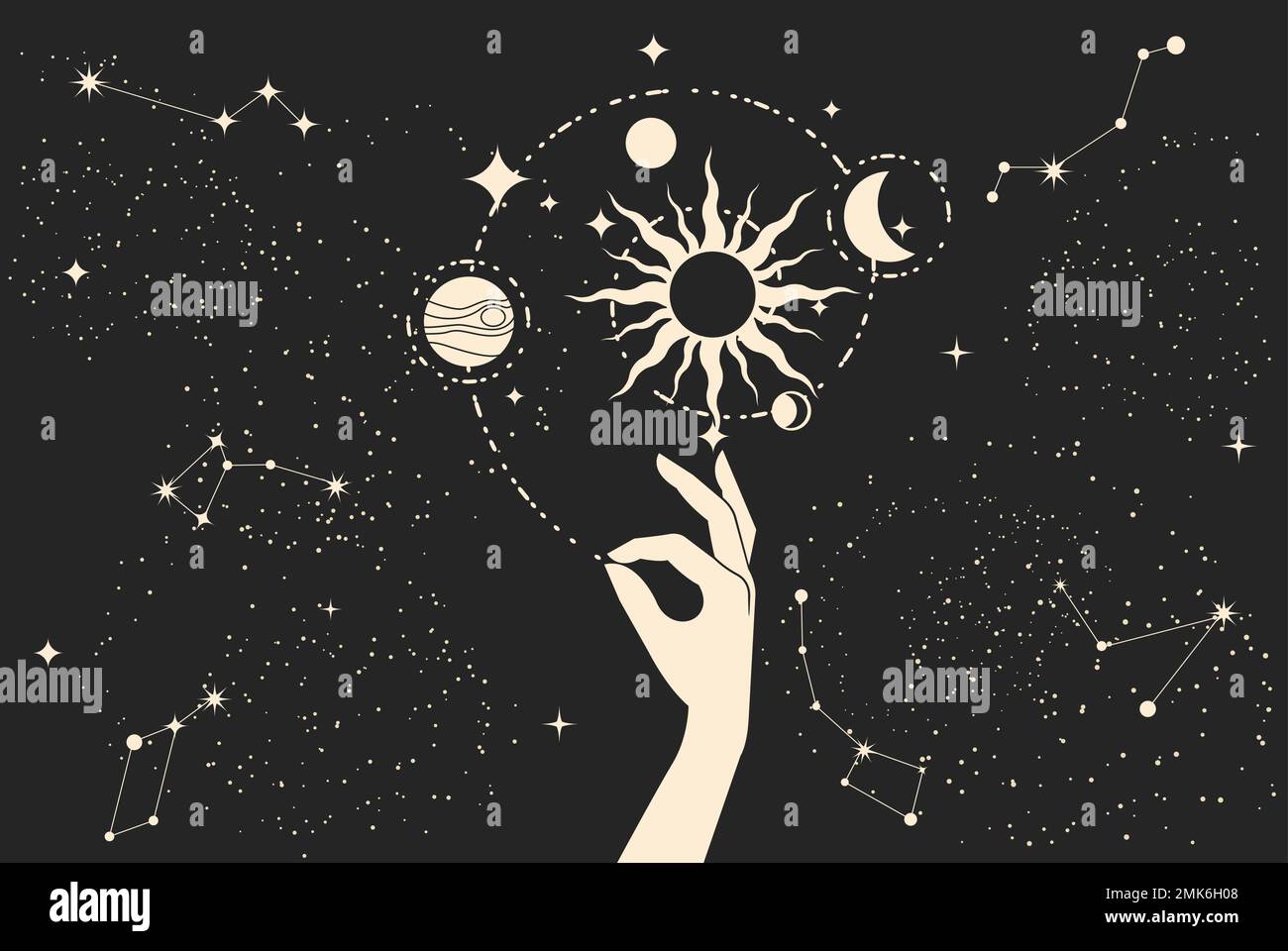 La mano magica tiene la spirale galassica, la costellazione nel cielo notturno, lo spazio e l'astrologia stregoneria, vettore Illustrazione Vettoriale