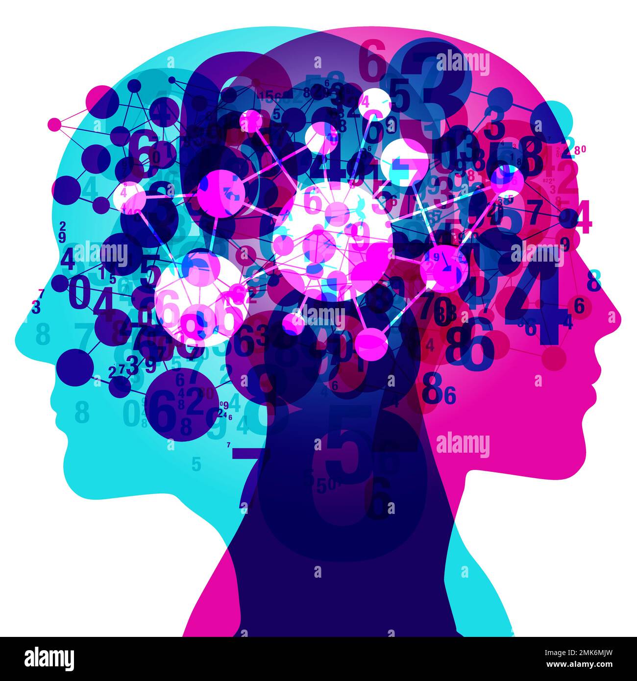 silhouette da 2 persone con numeri semitrasparenti e forme collegate. Sovrapposta è un'icona di disposizione della rete. Illustrazione Vettoriale