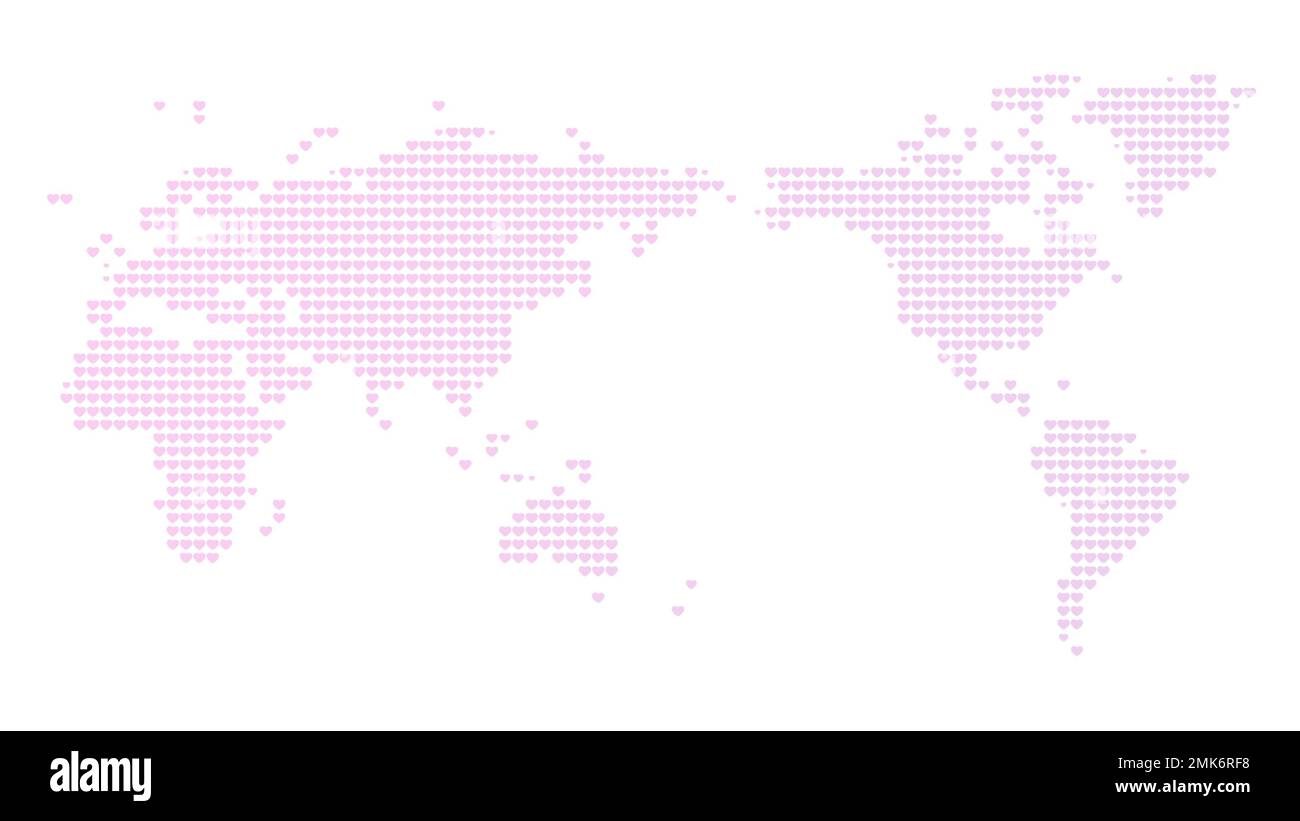 Asia centrata mappa del mondo fatta di cuori rosa su sfondo bianco. risoluzione 4k. Foto Stock