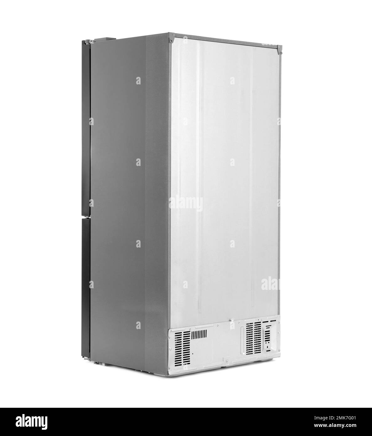 Moderno frigorifero in acciaio inox isolato su bianco Foto Stock