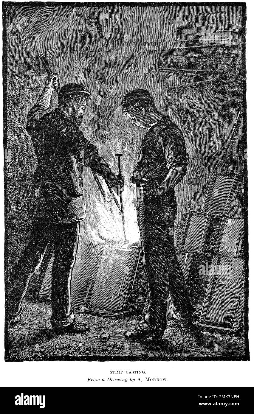 Incisione di uomini che lavorano alla fusione di nastri presso una fonderia di ottone a Burmingham, circa nel 1880 Foto Stock