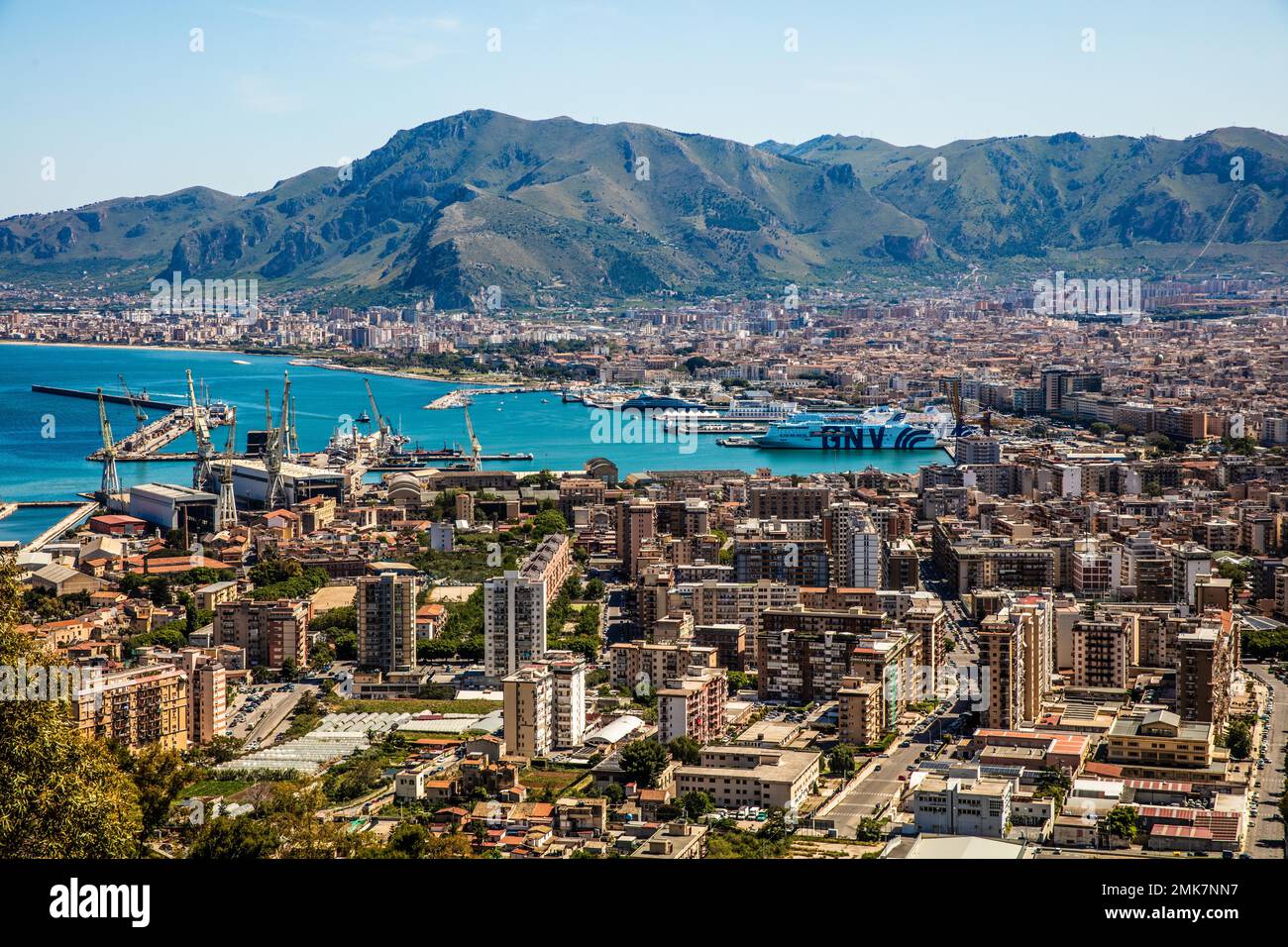 Vista città Palermo con porto, Sicilia, Palermo, Sicilia, Italia Foto Stock