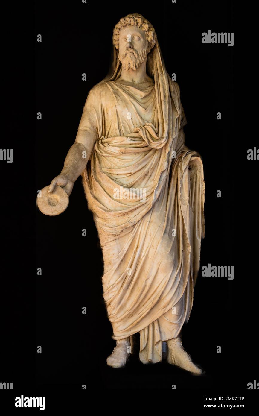 Statua di Togatus con nuova testa di Marco Aurelio 35 d.C., Museo Archeologico Regionale Antonino Salinas, Collezione di Etruschi, Romani, Egiziani Foto Stock