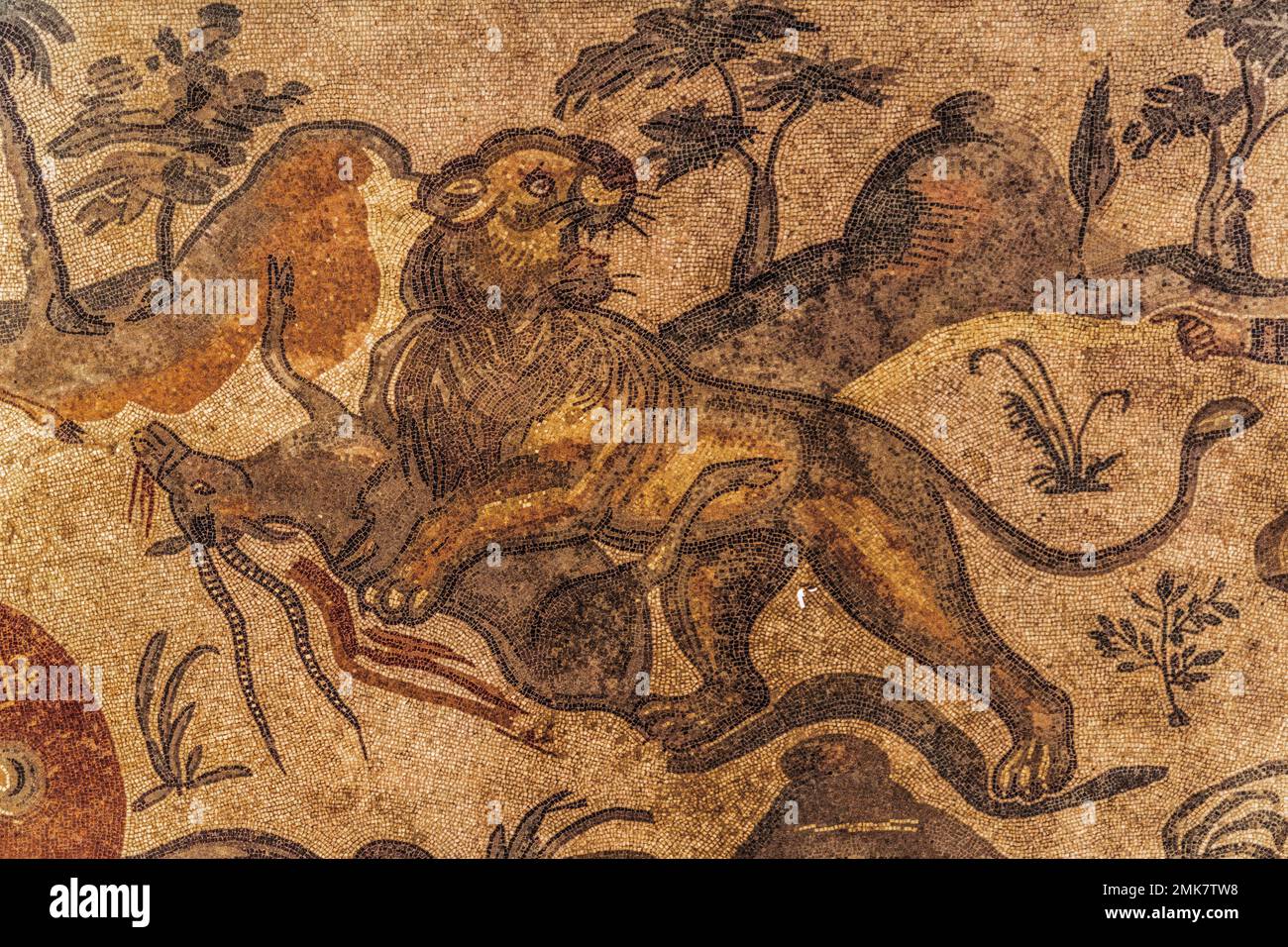 Mandria di antilopi perseguita da gatti predatori, navata della grande caccia, pavimento a mosaico, 3rd-4th secolo villa romana di lusso, Villa Romana del Foto Stock