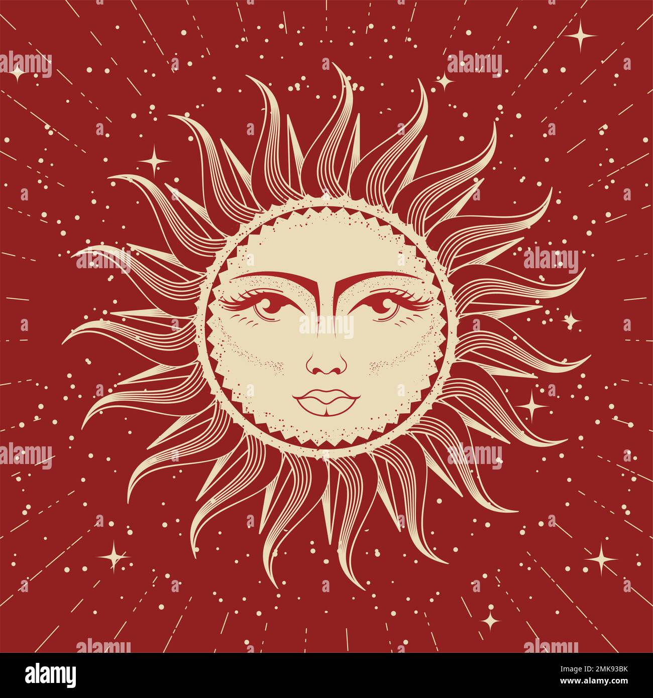 Sole con volto femminile, astrologia, divinazione e magia, il dispositivo dell'universo, oroscopo esoterico sole, vettore Illustrazione Vettoriale