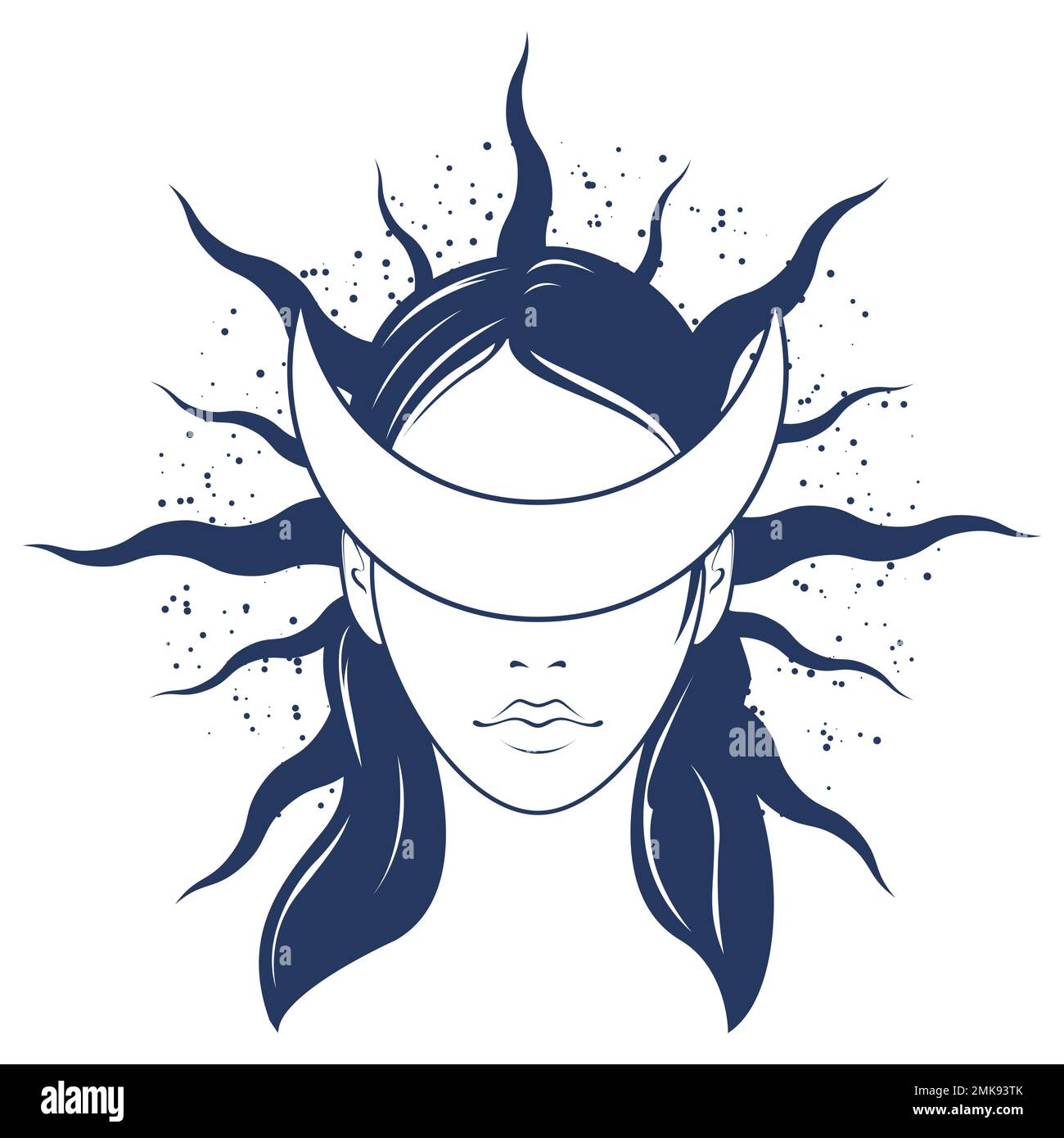 Donna viso bendato a forma di mezzaluna, gorgon, strega con gli occhi chiusi dalla luna, vettore Illustrazione Vettoriale