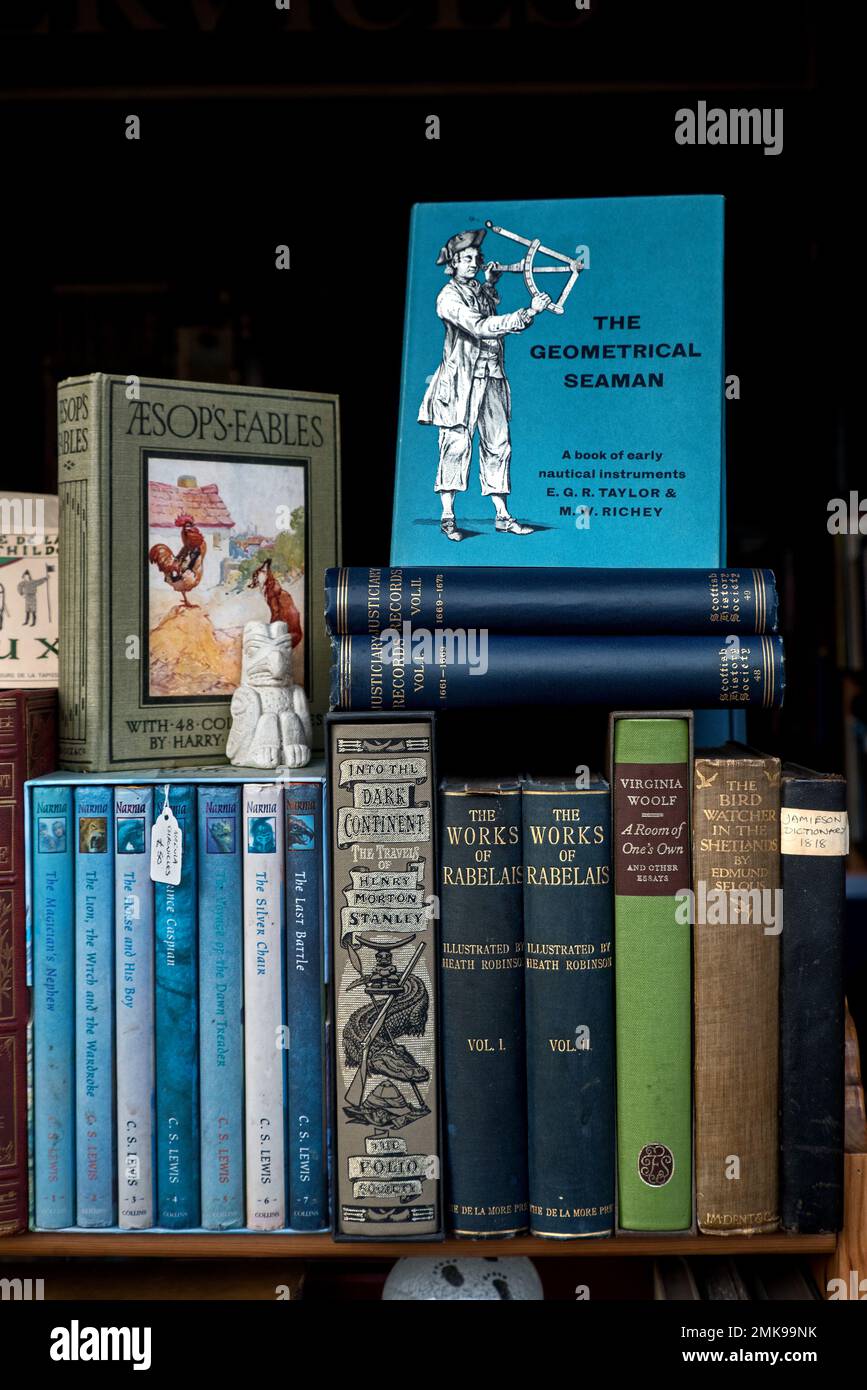 Libri vintage in mostra nella vetrina di una libreria di seconda mano a Edimburgo, Scozia, Regno Unito. Foto Stock