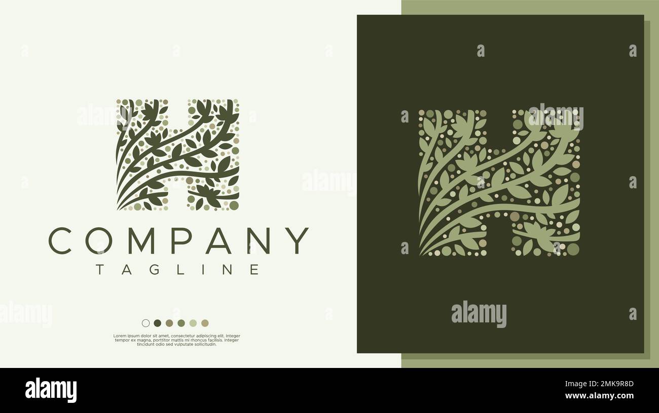 Modello con logo lettera H leaf. Modello del logo lettera della riga H. Illustrazione Vettoriale