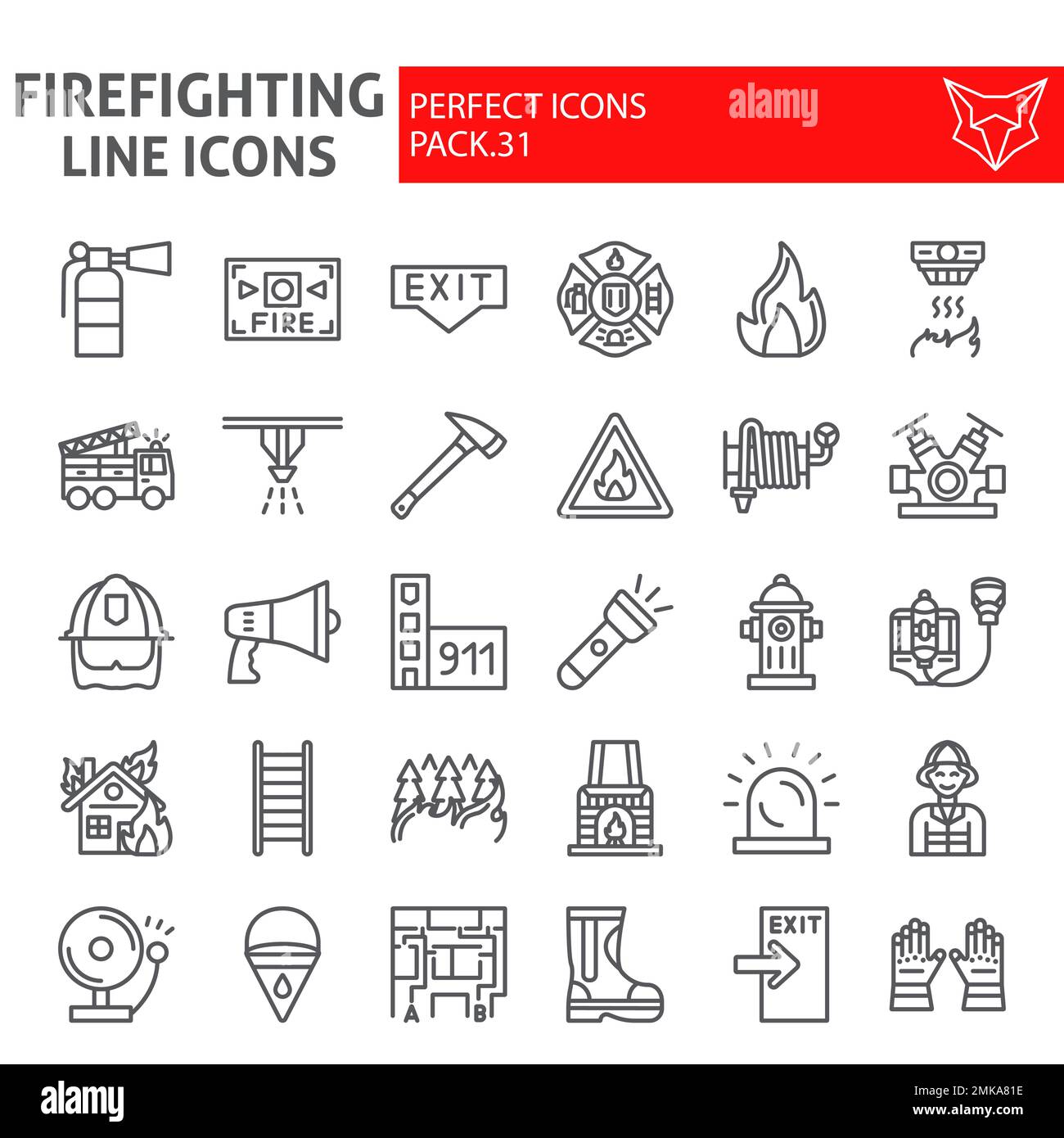 Set icone linea vigili del fuoco, collezione simboli vigili del fuoco, schizzi vettoriali, illustrazioni logo, simboli di sicurezza antincendio pacchetto pittogrammi lineari isolato su sfondo bianco, eps 10. Illustrazione Vettoriale