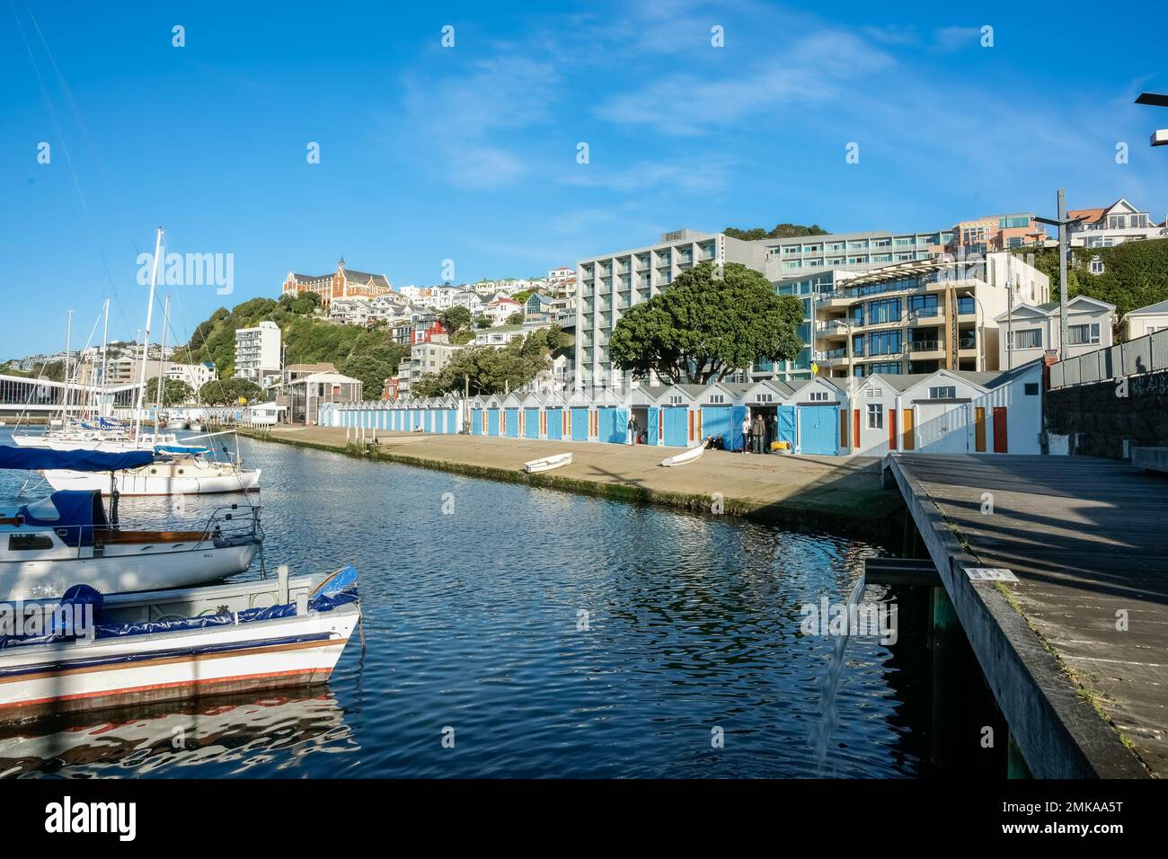Wellington Nuova Zelanda - Ottobre 3 2010; capannoni delle barche di Oriental Bay e lungomare. Con lo storico Monastero di St Gerard sulla collina. Foto Stock